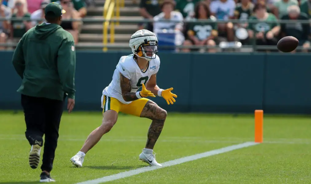 Green Bay Packers wide receiver Christian Watson (9) catches a pass during the seventh practice of training camp on Tuesday, July 30, 2024, at Ray Nitschke Field in Ashwaubenon, Wis. Tork Mason/USA TODAY NETWORK-Wisconsin