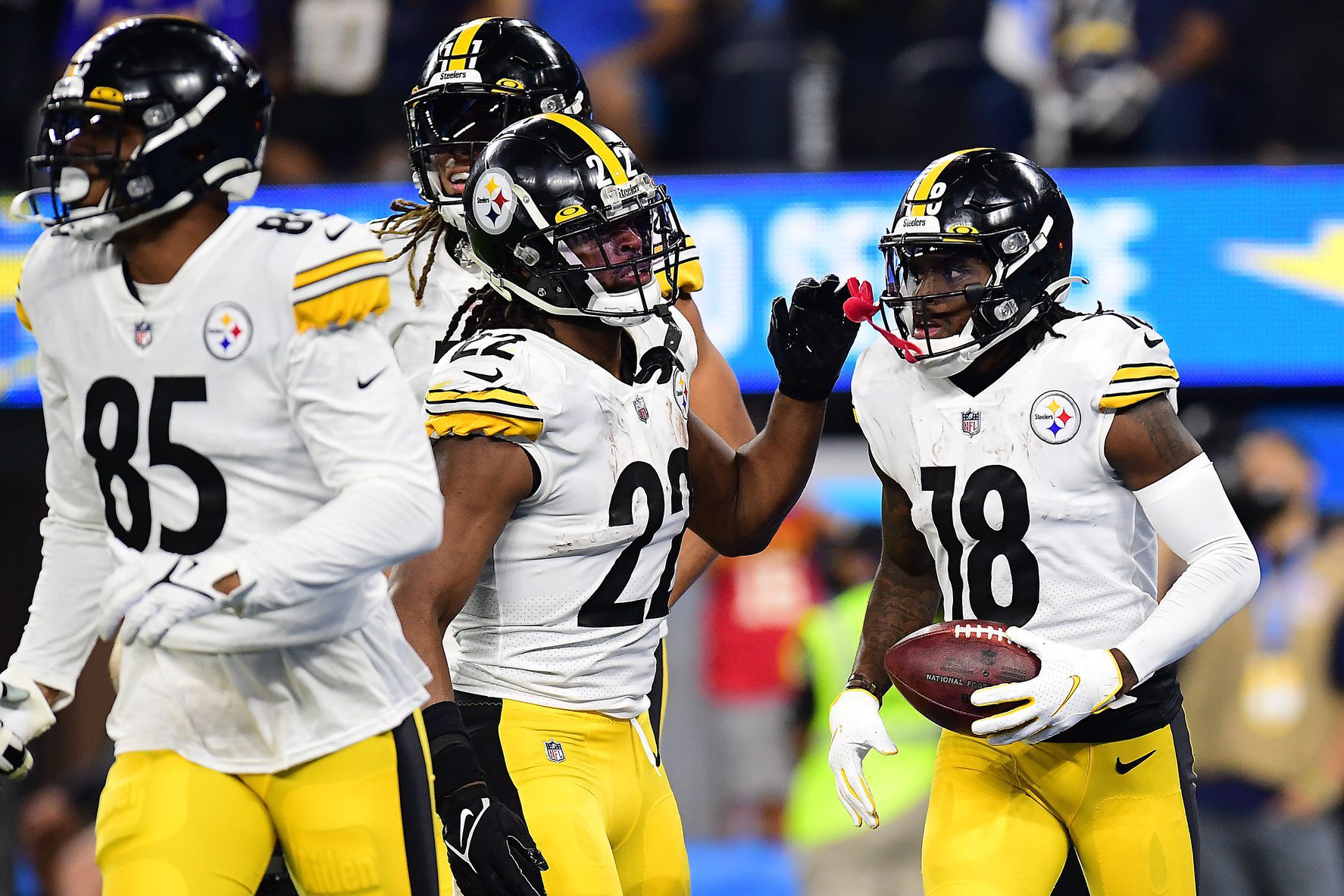 Nov 21, 2021; Inglewood, California, USA; Steelers wide receiver Diontae Johnson (18) celebrates with running back Najee Harris (22) his touchdown scored against the Los Angeles Chargers during the first half at SoFi Stadium. Mandatory Credit: Gary A. Vasquez-USA TODAY Sports