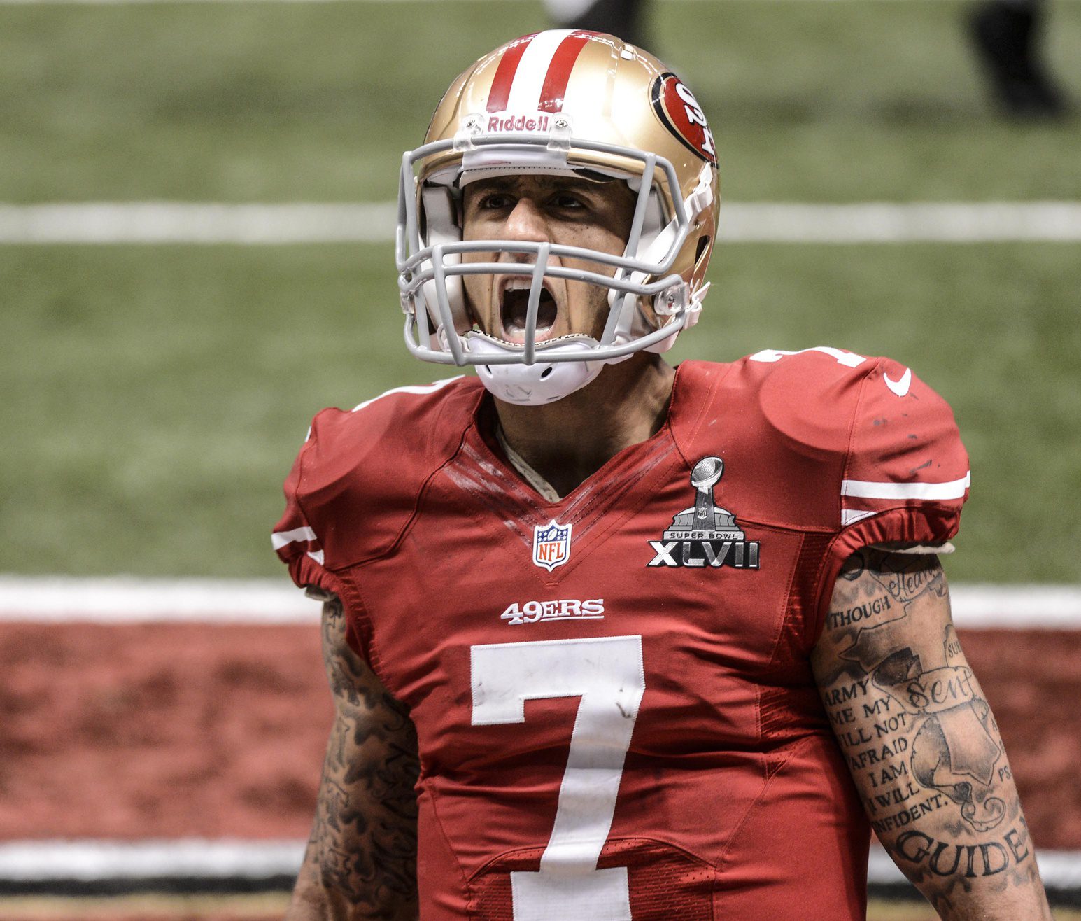 Feb 3, 2013; New Orleans, LA, USA; San Francisco 49ers quarterback Colin Kaepernick (7) roars after his fourth quarter touchdown in Super Bowl XLVII at the Mercedes-Benz Superdome. Mandatory Credit: Jack Gruber-USA TODAY Sports