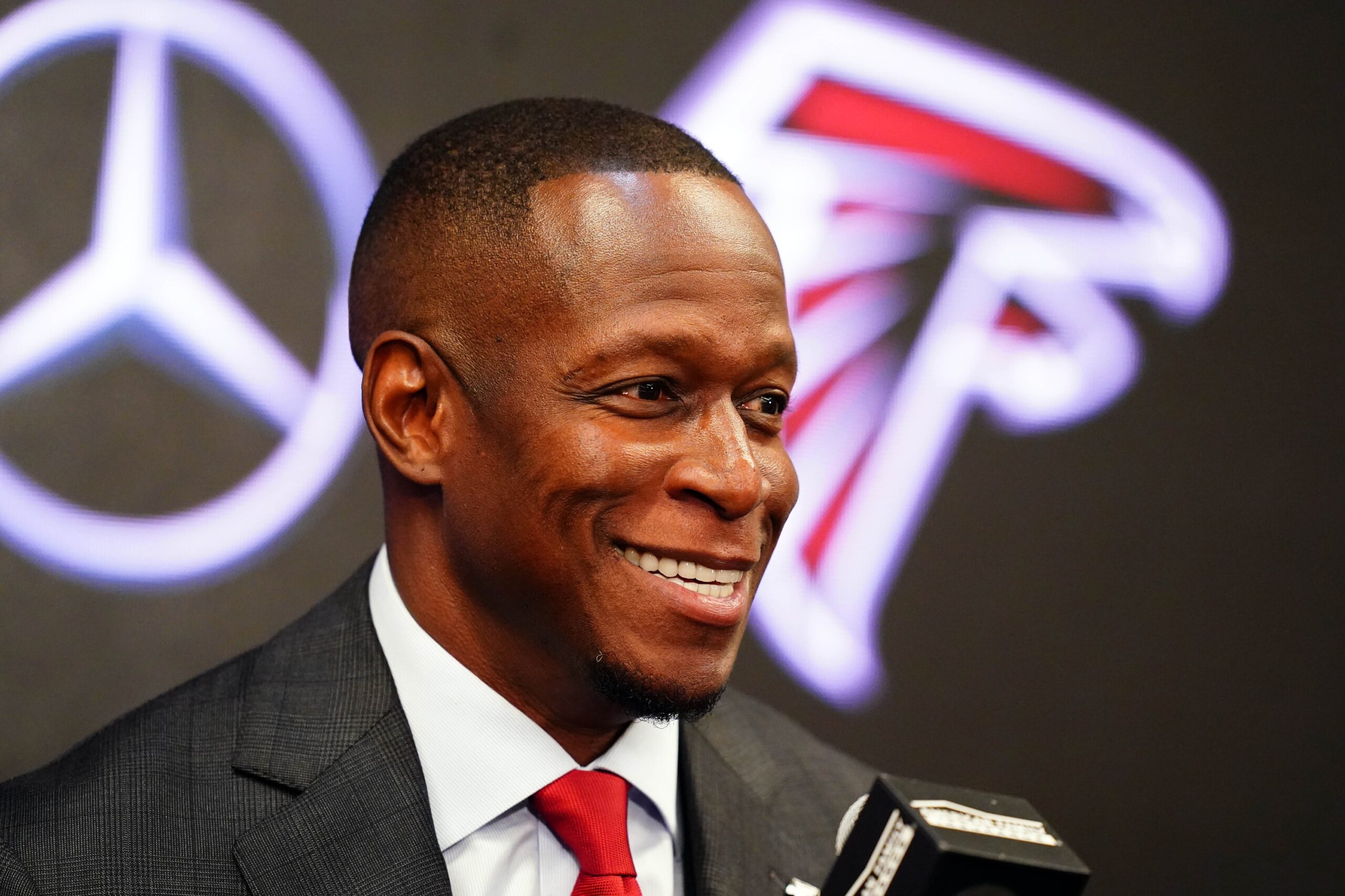 Falcons Burn Last Bridge With Franchise Player (Breaking) 2 Feb 5, 2024; Atlanta, GA, USA; Raheem Morris address the media after being introduced as the new head coach of the Atlanta Falcons at Mercedes-Benz Stadium. Mandatory Credit: John David Mercer-USA TODAY Sports