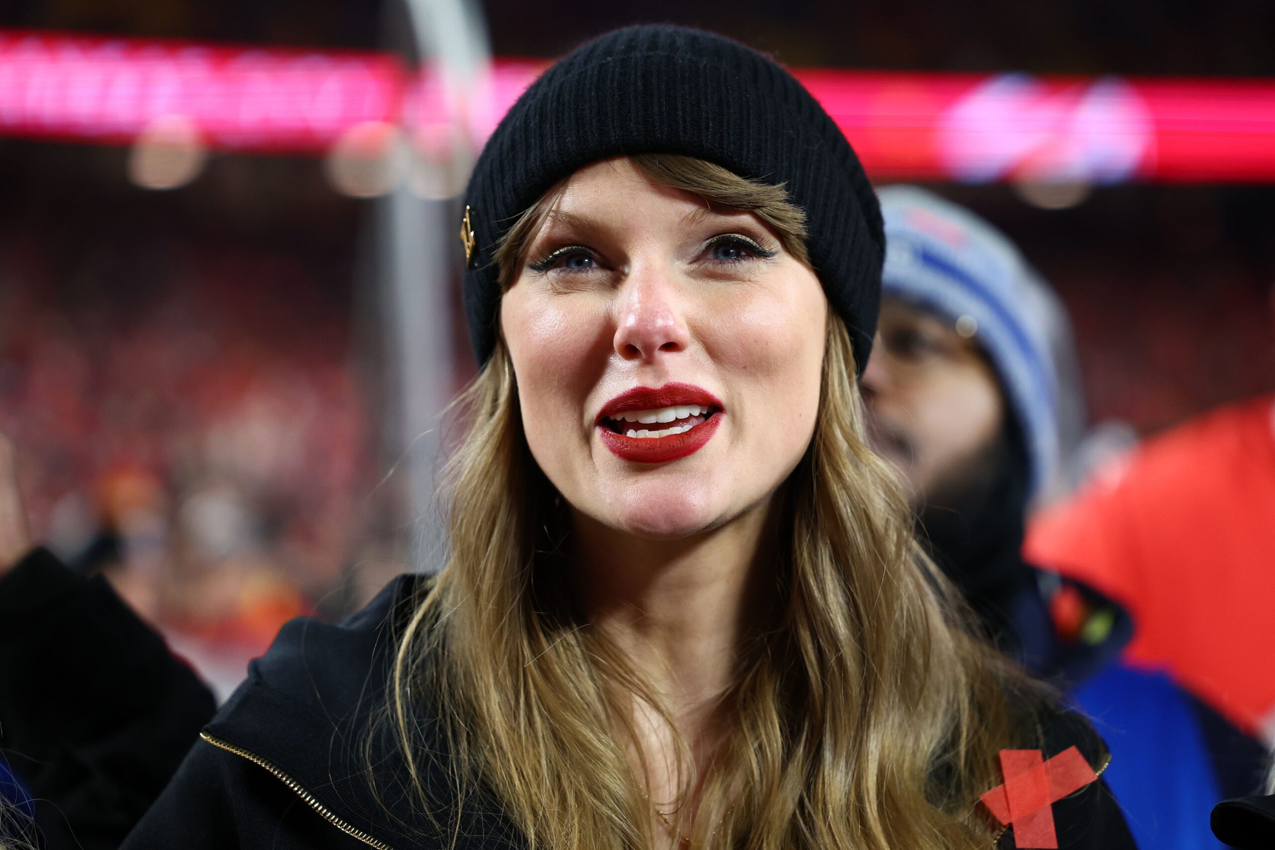 Jan 26, 2025; Kansas City, MO, USA; Recording artist Taylor Swift reacts after the AFC Championship game against the Buffalo Bills at GEHA Field at Arrowhead Stadium. Mandatory Credit: Mark J. Rebilas-Imagn Images