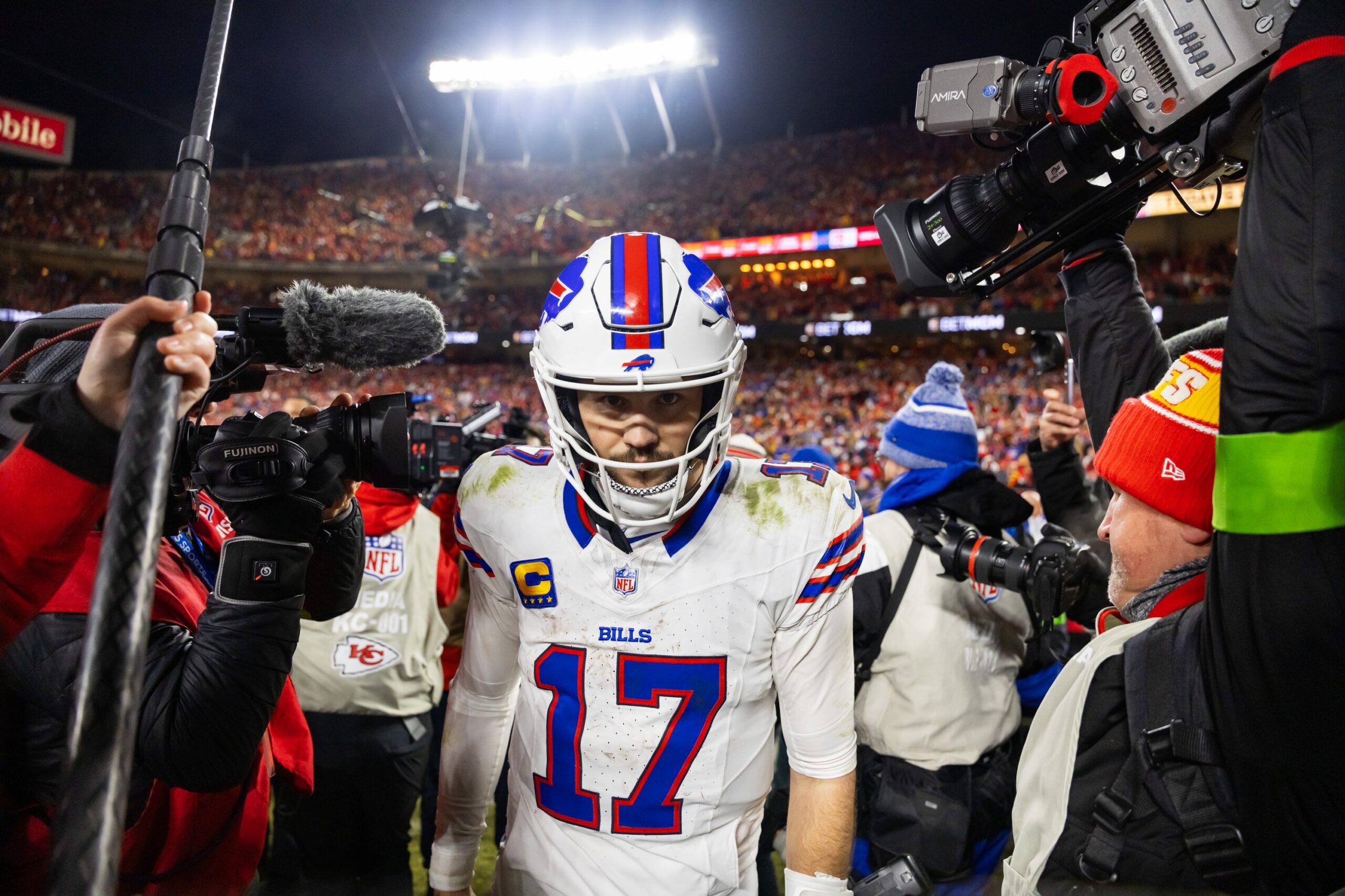 Jan 26, 2025; Kansas City, MO, USA; Buffalo Bills quarterback Josh Allen (17) reacts as he walks off the field after losing to the Kansas City Chiefs during the AFC Championship game at GEHA Field at Arrowhead Stadium. Mandatory Credit: Mark J. Rebilas-Imagn Images