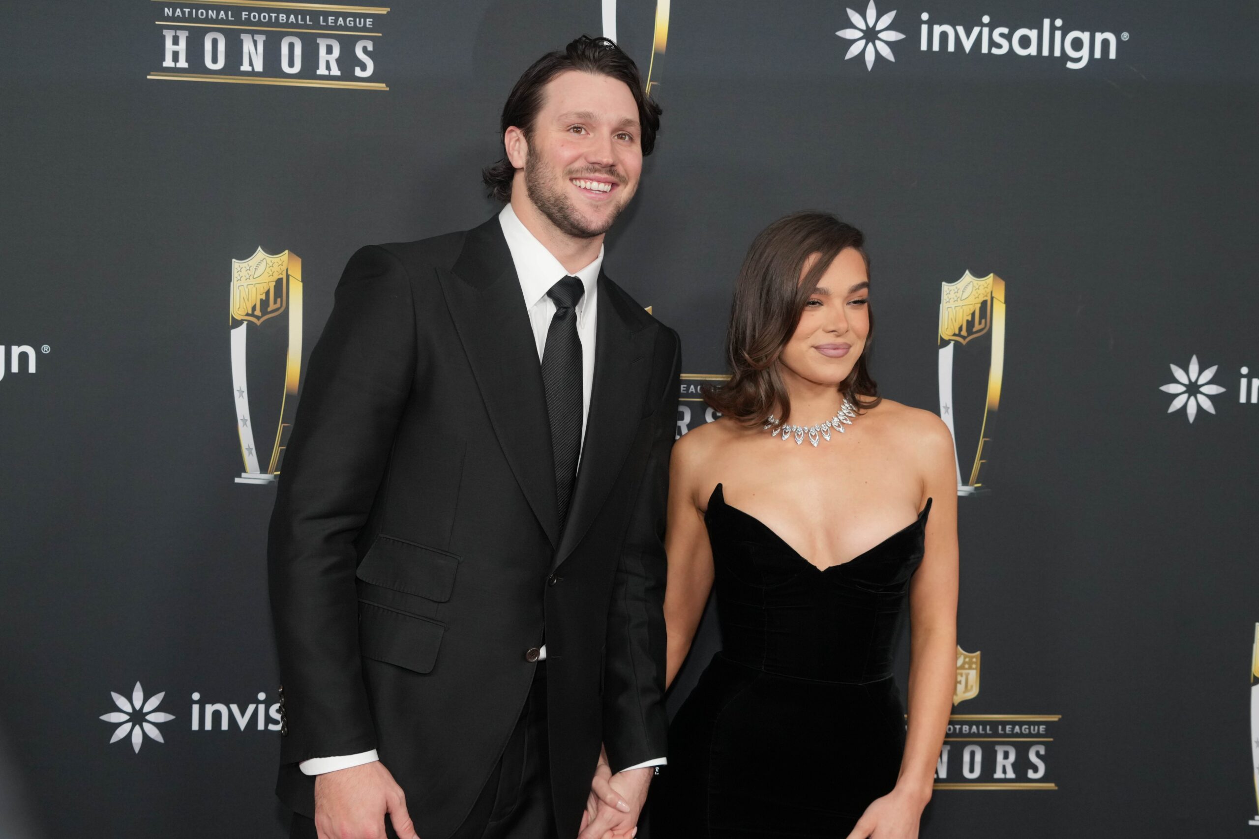 Feb 6, 2025; New Orleans, LA, USA; Josh Allen and Hailee Steinfeld on the red carpet before Super Bowl LIX NFL Honors at Saenger Theatre. Mandatory Credit: Kirby Lee-Imagn Images Bills