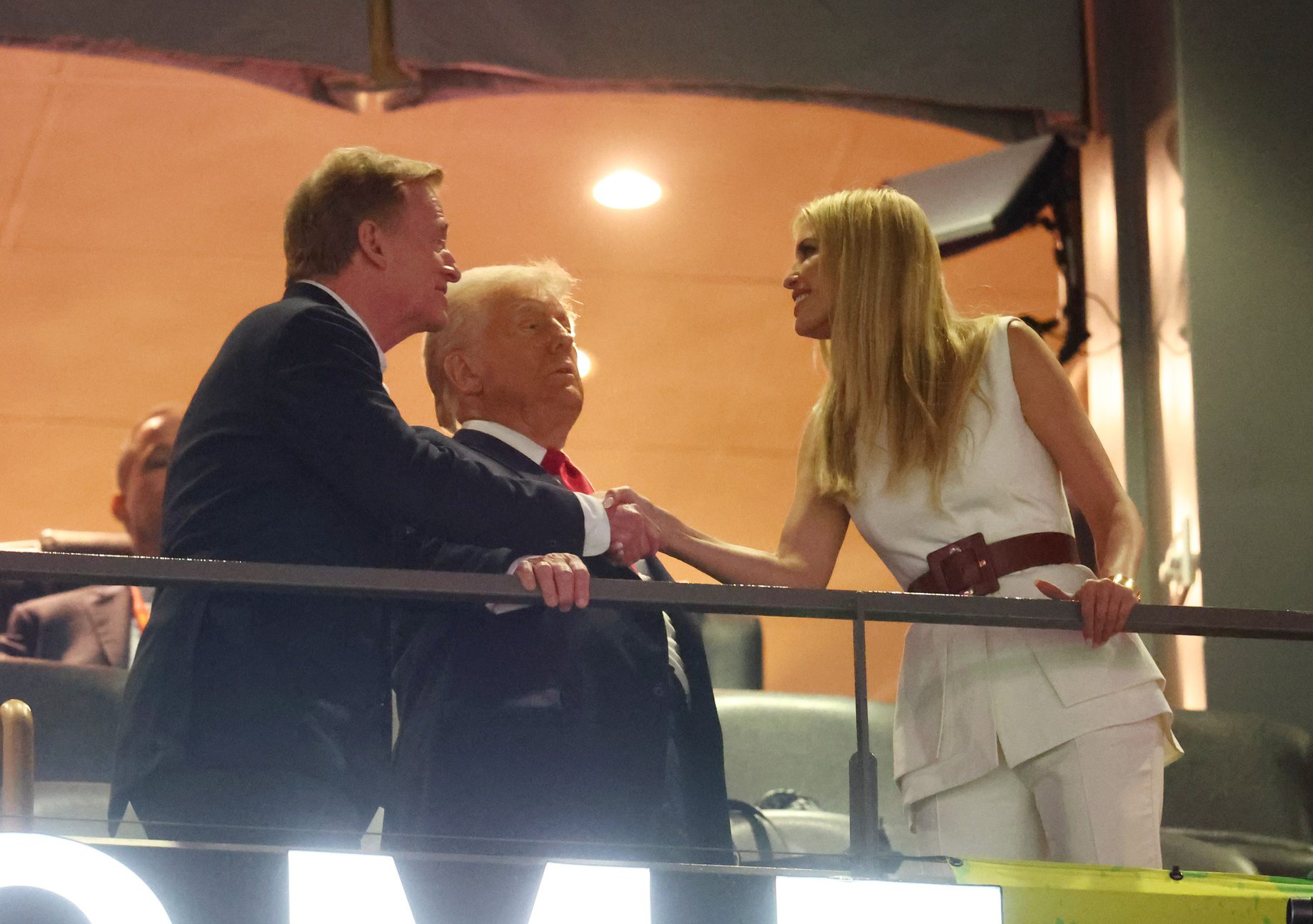 Feb 9, 2025; New Orleans, LA, USA; President Donald Trump watches as NFL commissioner Roger Goodell greets Ivanka Trump before Super Bowl LIX between the Philadelphia Eagles and the Kansas City Chiefs at Ceasars Superdome. Mandatory Credit: Mark J. Rebilas-Imagn Images