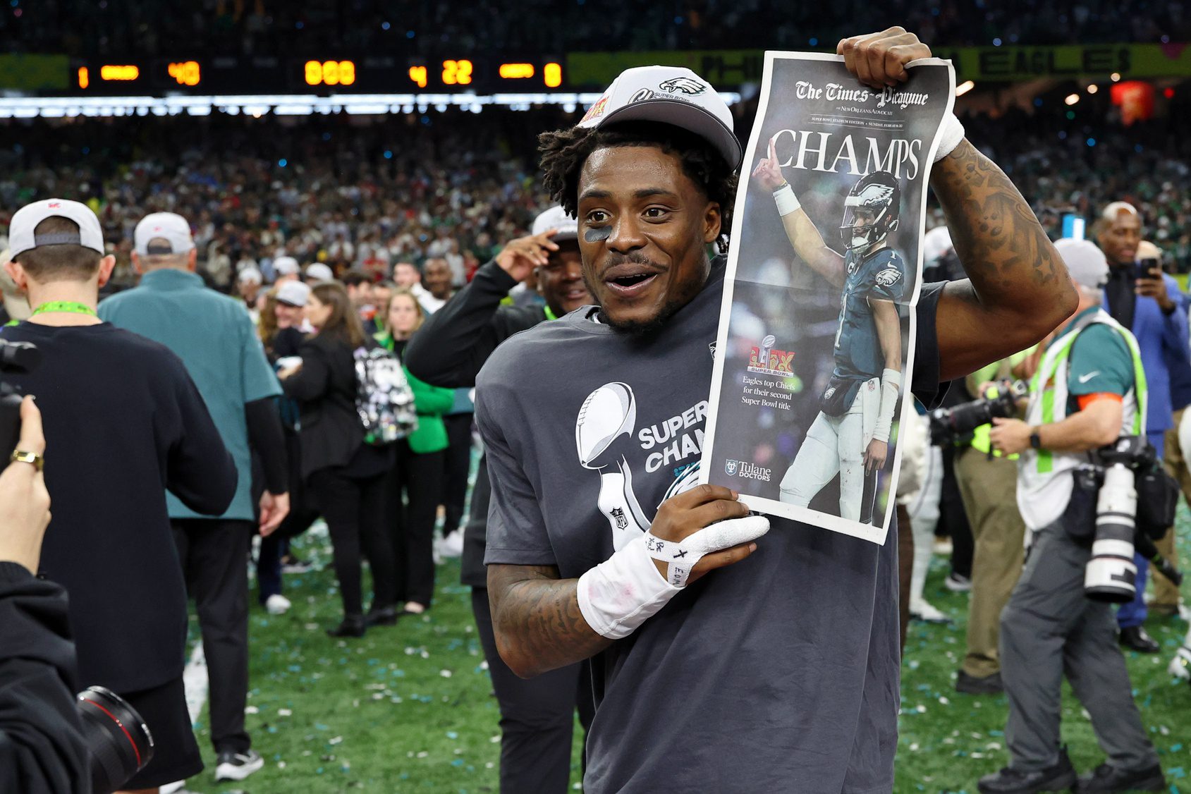 Feb 9, 2025; New Orleans, LA, USA; Philadelphia Eagles safety C.J. Gardner-Johnson (8) celebrates after winning Super Bowl LIX at Caesars Superdome. Mandatory Credit: Geoff Burke-Imagn Images