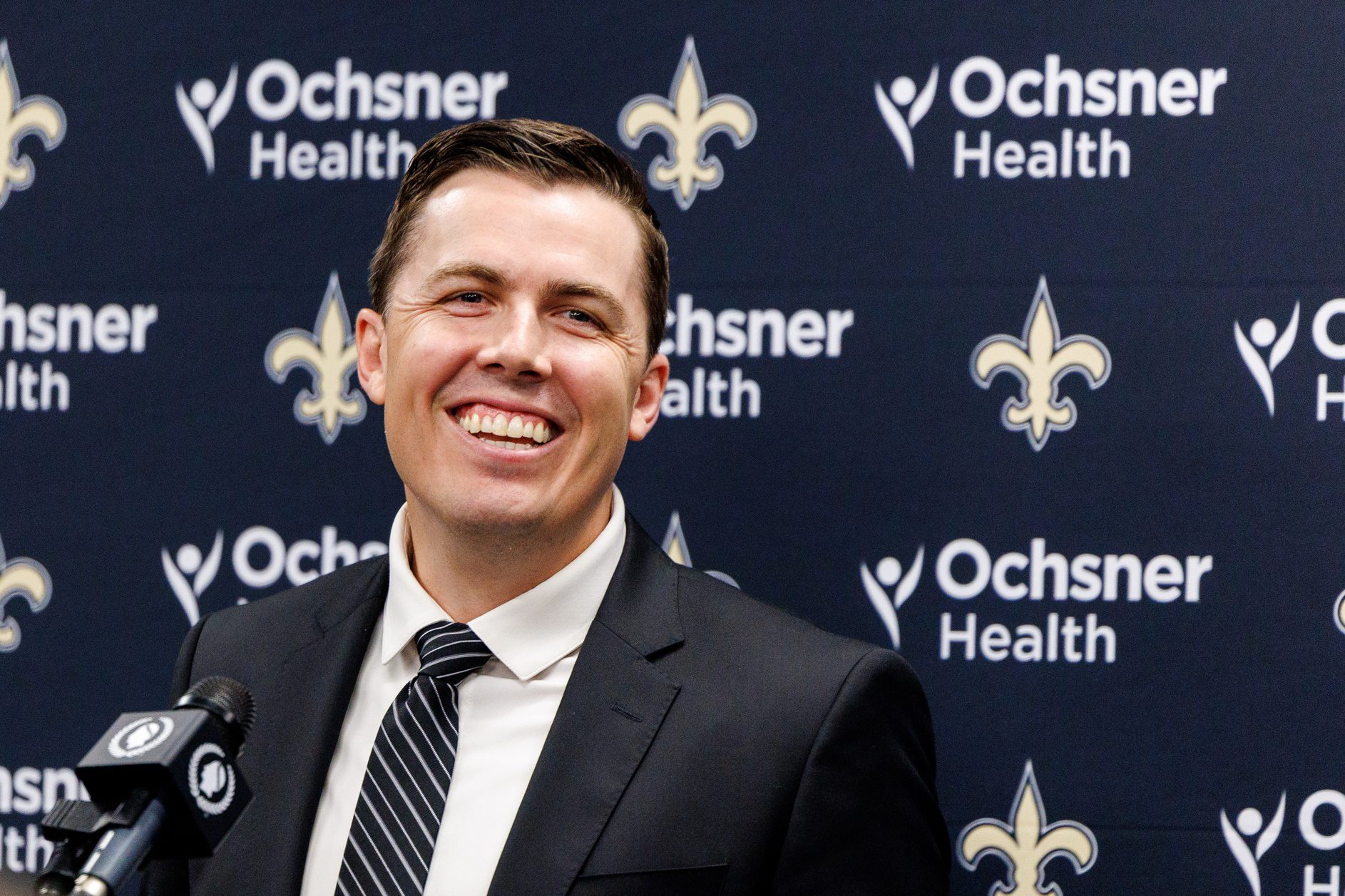 Feb 13, 2025; New Orleans, LA, USA; New Orleans Saints introduce Kellen Moore as the head coach and he addresses the media at Ochsner Sports Performance Center. Mandatory Credit: Stephen Lew-Imagn Images