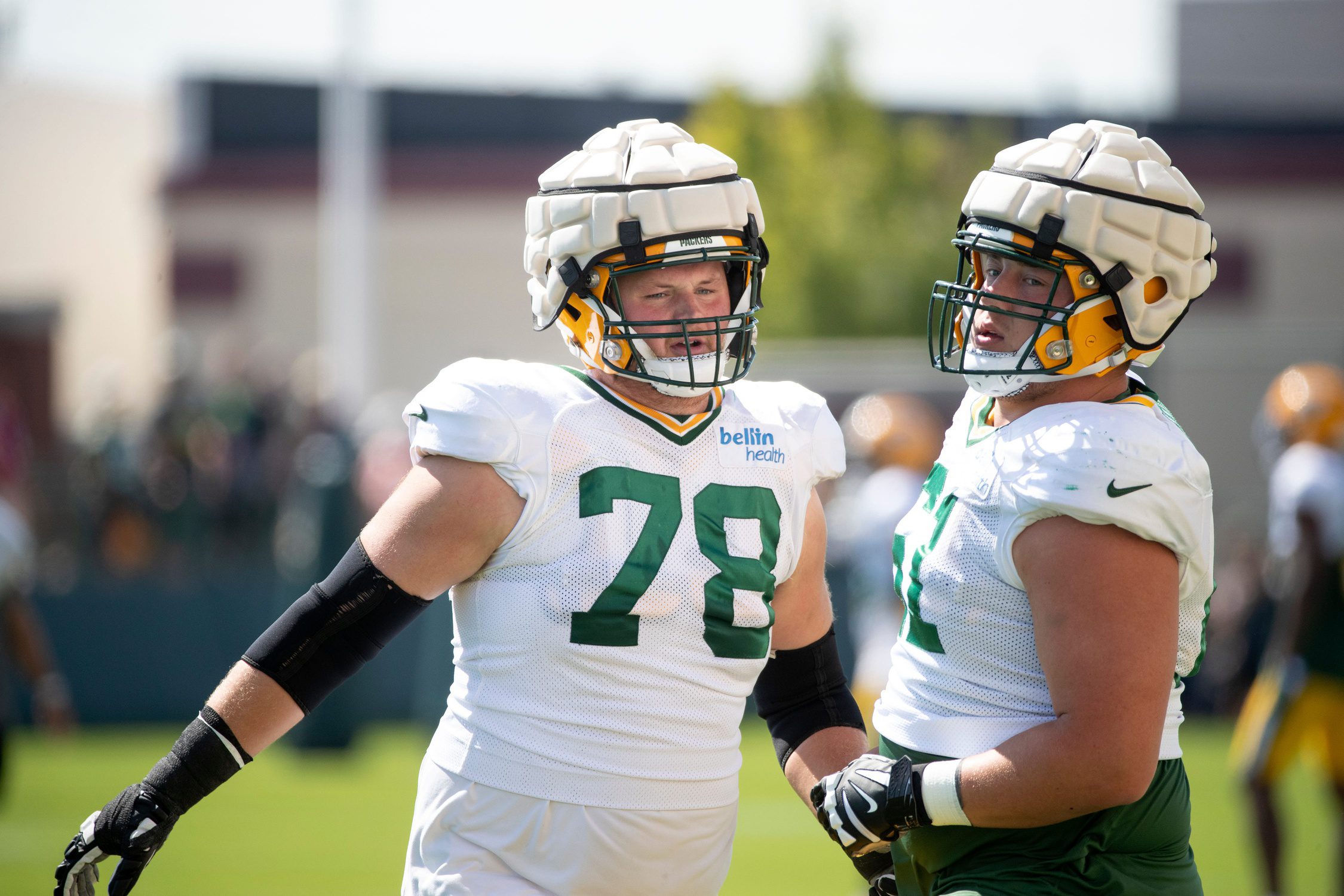 Green Bay Packers tackle/guard Cole Van Lanen (78) and Josh Myers (71) participate in training camp practice with the New Orleans Saints on Wednesday, Aug. 17, 2022, at Ray Nitschke Field in Ashwaubenon, Wis. Samantha Madar/USA TODAY NETWORK-Wisconsin Gpg Training Camp With Saints 08172022 0009