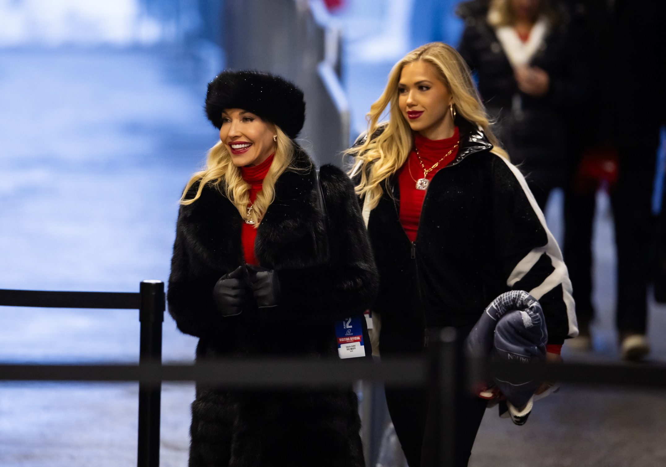 Jan 21, 2024; Orchard Park, New York, USA; Kansas City Chiefs team executive Tavia Hunt (left) and daughter Gracie Hunt against the Buffalo Bills in the 2024 AFC divisional round game at Highmark Stadium. Mandatory Credit: Mark J. Rebilas-Imagn Images