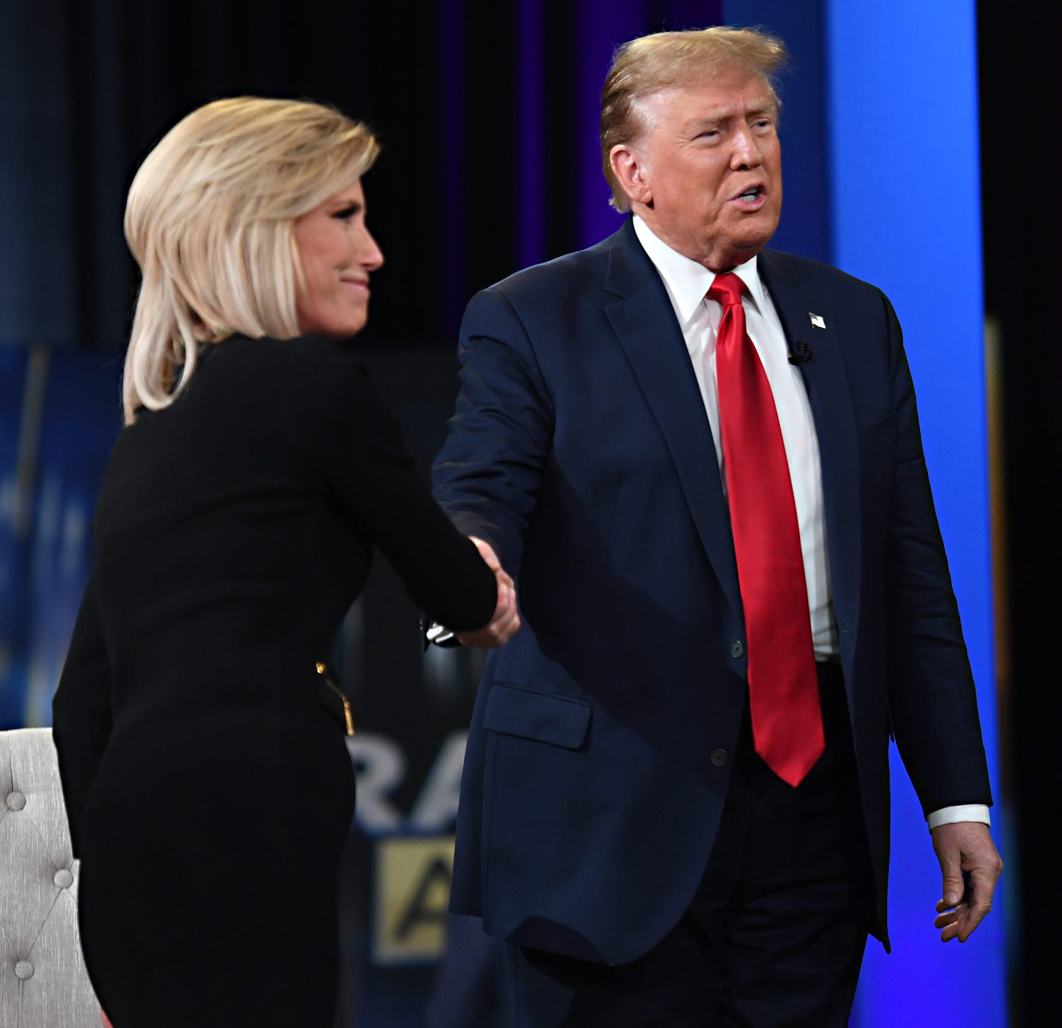 Donald Trump brought his returning bid for the White House to Greenville, S.C. The former President was in town for a Ingraham Angle Town Hall at the Greenville Convention Center on Tuesday, Feb. 20, 2024. Host Laura Ingraham greets Trump as he arrives to the stage. © ALEX HICKS JR./STAFF / USA TODAY NETWORK