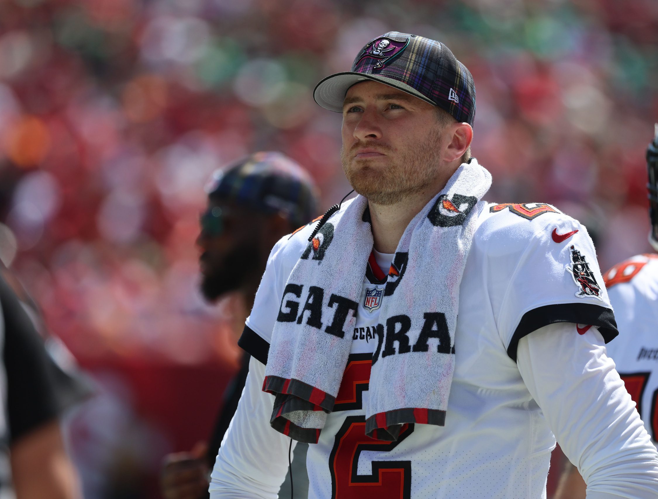 Sep 29, 2024; Tampa, Florida, USA; Tampa Bay Buccaneers quarterback Kyle Trask (2) against the Philadelphia Eagles during the first half at Raymond James Stadium. Mandatory Credit: Kim Klement Neitzel-Imagn Images