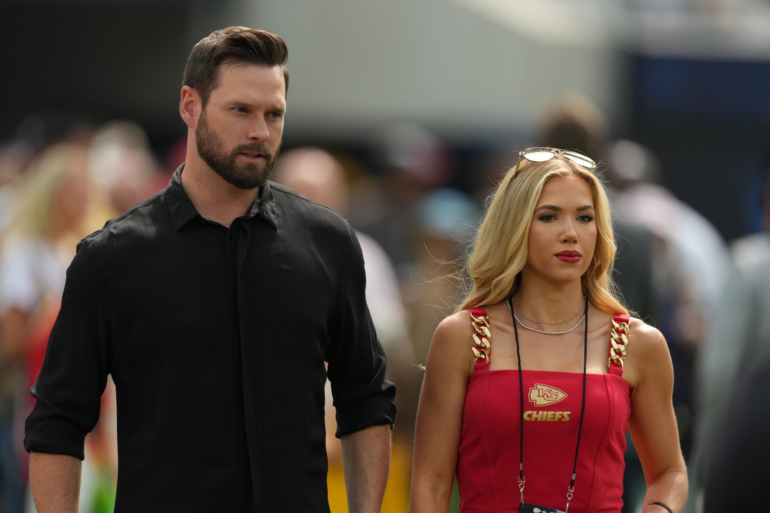 Sep 29, 2024; Inglewood, California, USA; Gracie Hunt, the daughter of Kansas City Chiefs owner Clark Hunt (not pictured) with boyfriend Cody Keith at SoFi Stadium. Mandatory Credit: Kirby Lee-Imagn Images