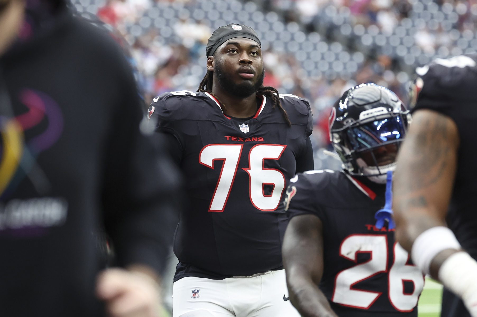 Sep 29, 2024; Houston, Texas, USA; Houston Texans guard Kenyon Green (76) during the game against the Jacksonville Jaguars at NRG Stadium. Mandatory Credit: Troy Taormina-Imagn Images Eagles