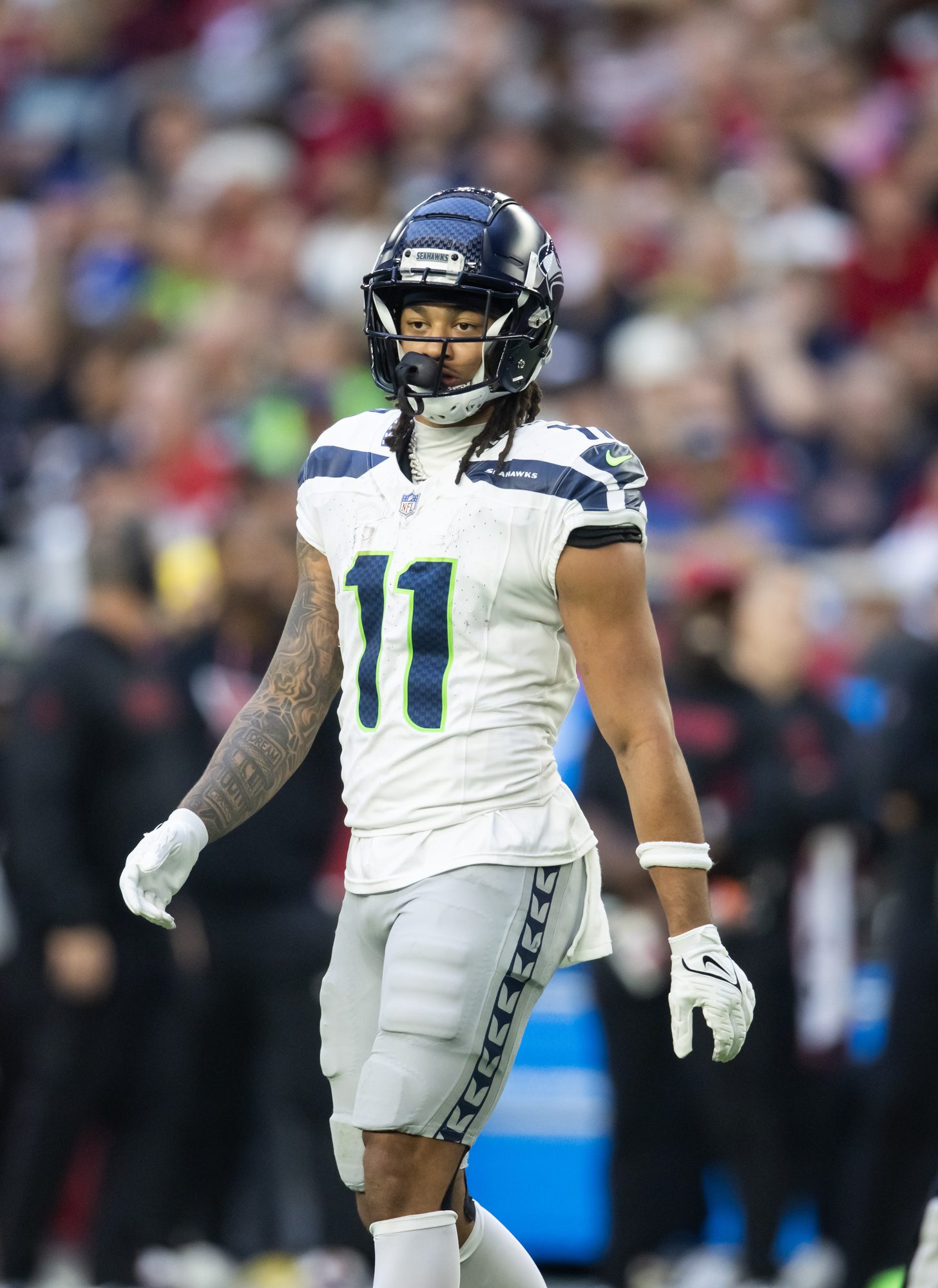 Dec 8, 2024; Glendale, Arizona, USA; Seattle Seahawks wide receiver Jaxon Smith-Njigba (11) against the Arizona Cardinals at State Farm Stadium. Mandatory Credit: Mark J. Rebilas-Imagn Images