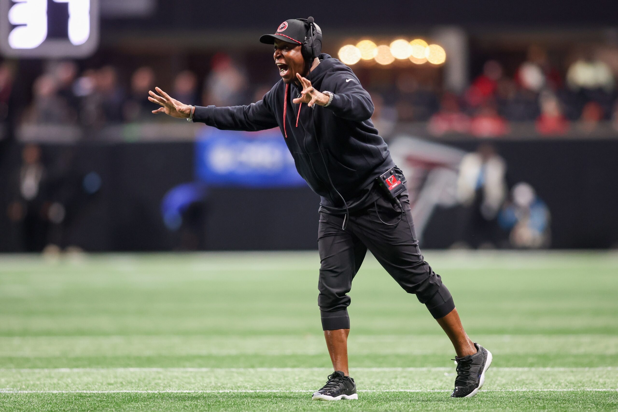 Jan 5, 2025; Atlanta, Georgia, USA; Atlanta Falcons head coach Raheem Morris on the sideline against the Carolina Panthers in the second quarter at Mercedes-Benz Stadium. Mandatory Credit: Brett Davis-Imagn Images