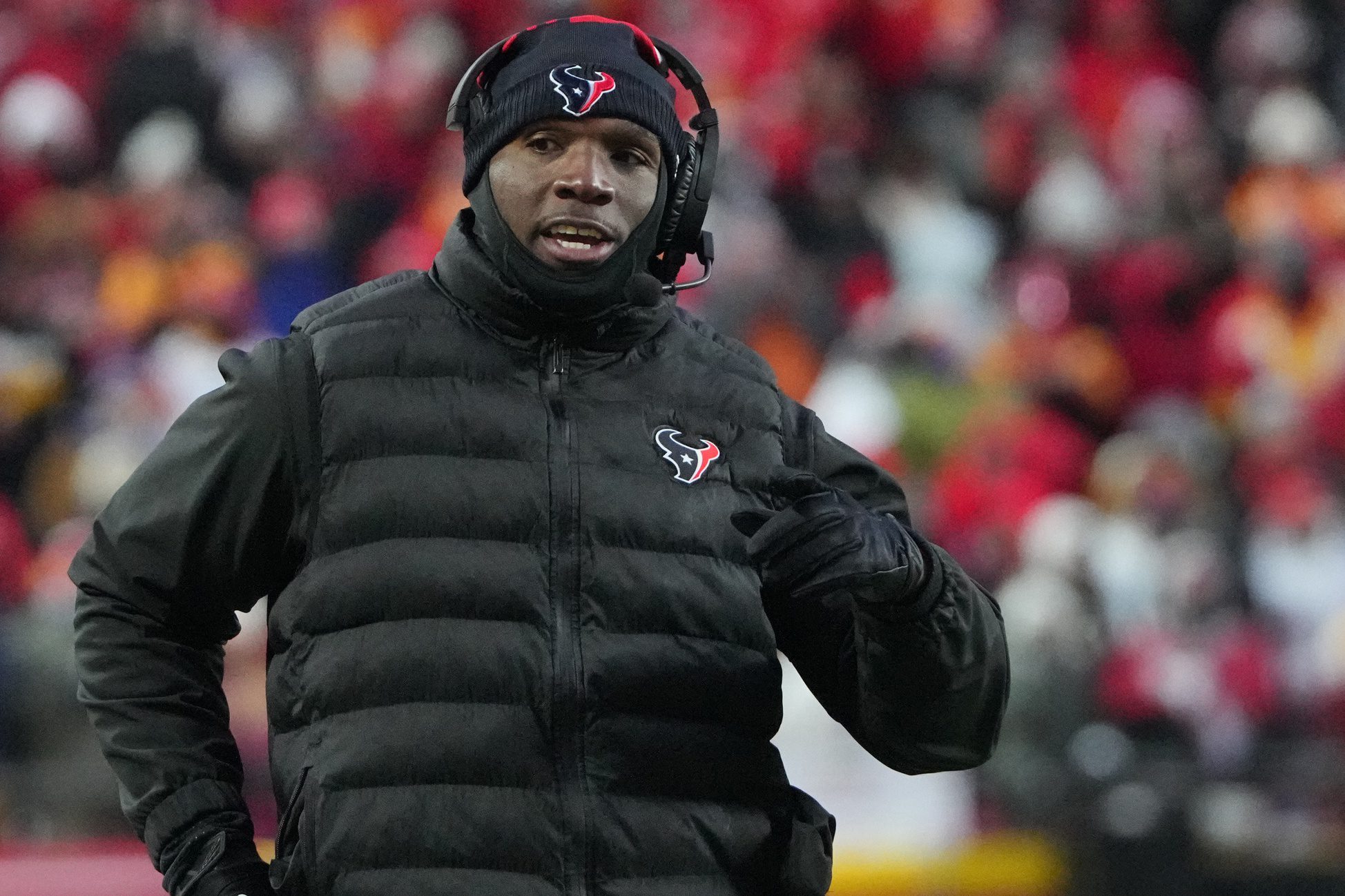 Jan 18, 2025; Kansas City, Missouri, USA; Houston Texans head coach DeMeco Ryans reacts during the third quarter of a 2025 AFC divisional round game against the Kansas City Chiefs at GEHA Field at Arrowhead Stadium. Mandatory Credit: Denny Medley-Imagn Images