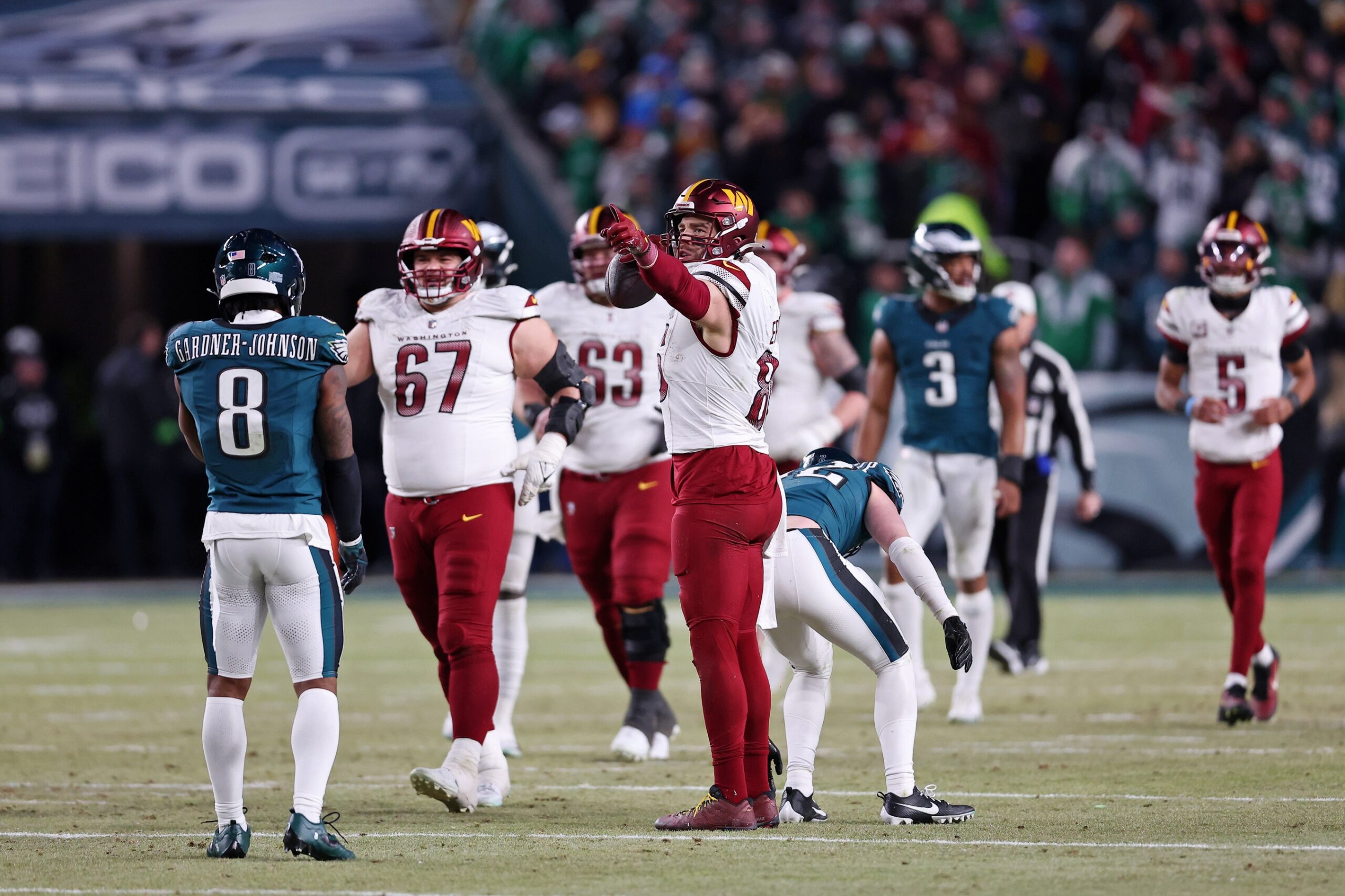 Jan 26, 2025; Philadelphia, PA, USA; Washington Commanders tight end Zach Ertz (86) reacts after a catch against the Philadelphia Eagles during the second half in the NFC Championship game at Lincoln Financial Field. Mandatory Credit: Bill Streicher-Imagn Images