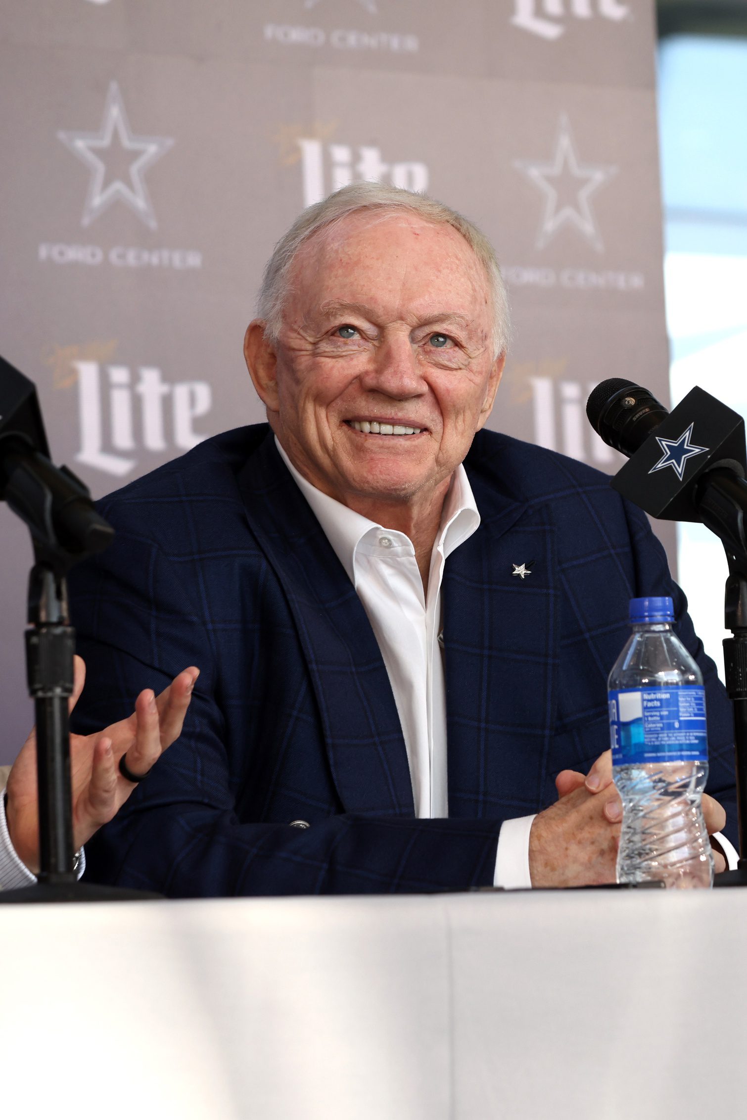 Jan 27, 2025; Frisco, TX, USA; Dallas Cowboys owner Jerry Jones speaks to the media at a press conference at the Star. Mandatory Credit: Tim Heitman-Imagn Images