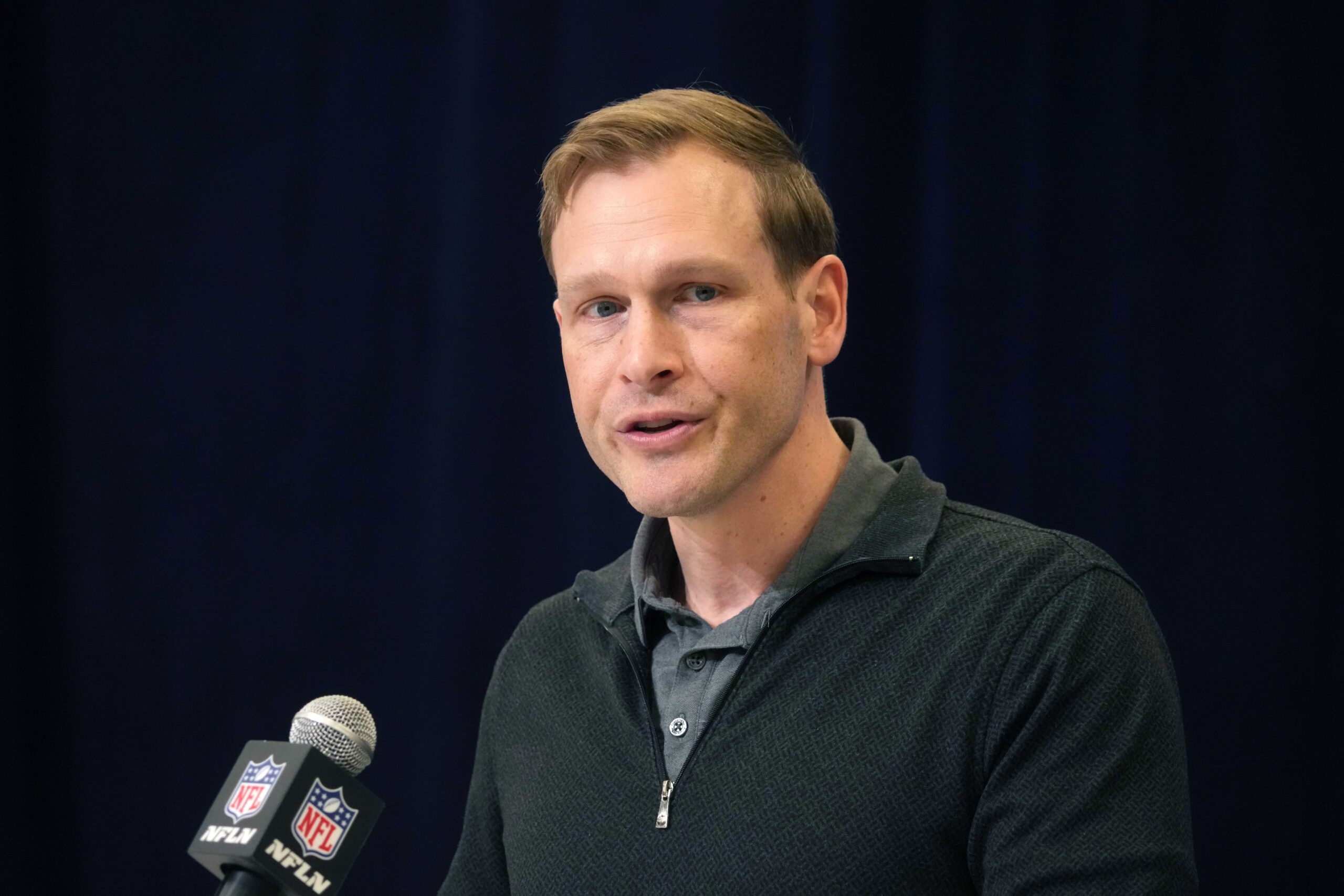 Feb 25, 2025; Indianapolis, IN, USA; Chicago Bears coach Ben Johnson speaks during the NFL Scouting Combine at the Indiana Convention Center. Mandatory Credit: Kirby Lee-Imagn Images