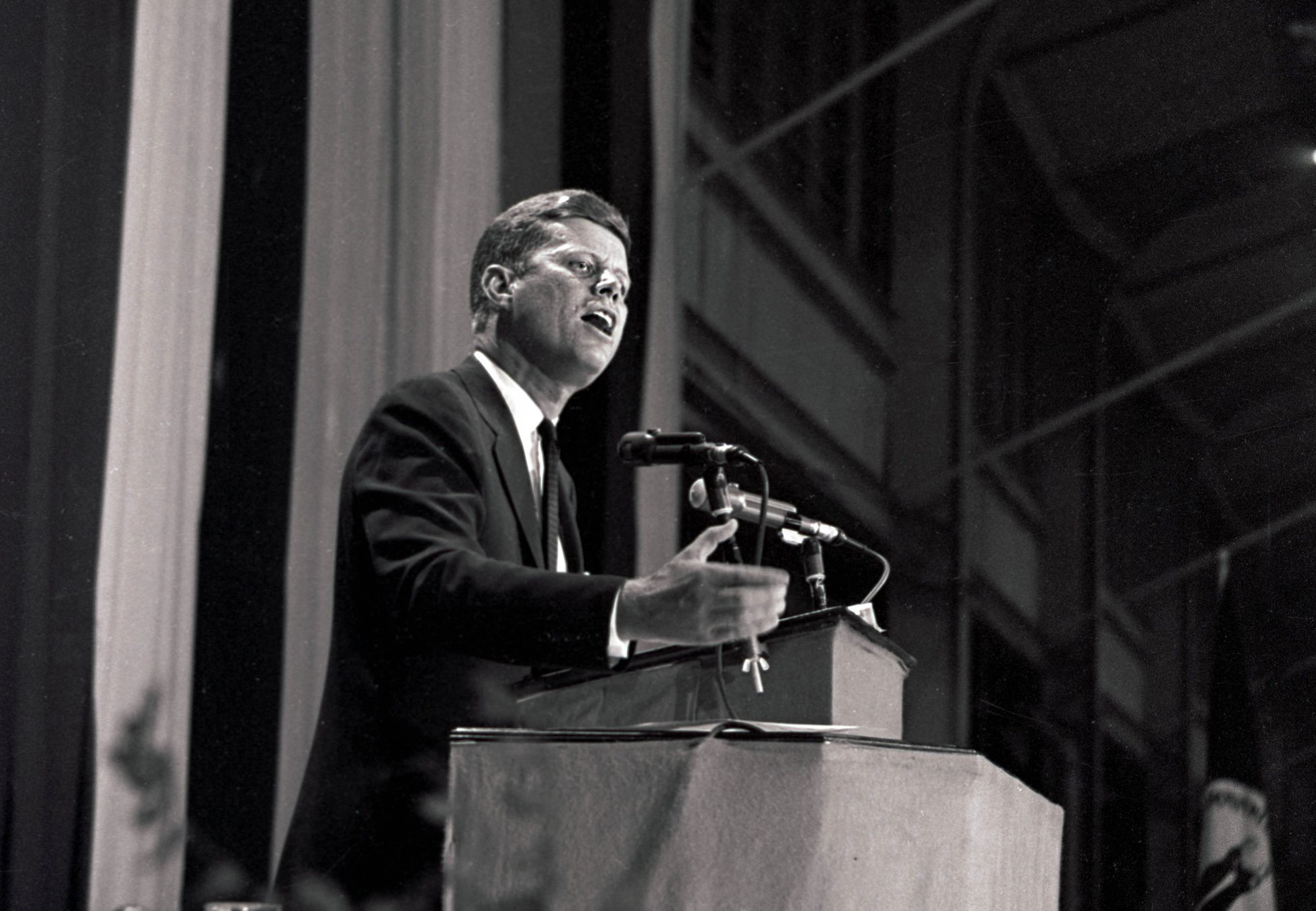 Oct 5, 1960; Louisville, KY, USA: FILE PHOTO; President John F. Kennedy addresses supporters while campaigning prior to the 1960 presidential election at the Fairgrounds in Louisville. Mandatory Credit: Warren Klosterman/The Courier-Journal-Imagn Images