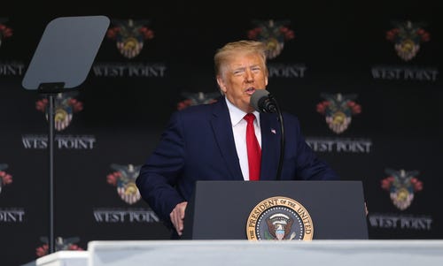 President Donald J. Trump addresses the graduates of the Class of 2020 during the commencement ceremony on the Plain at West Point. © John Meore, The Journal News / USA TODAY NETWORK via Imagn Images