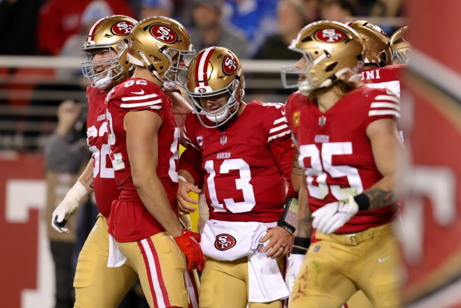 49ers lock In Brock Purdy with massive deal 2 Dec 30, 2024; Santa Clara, California, USA; San Francisco 49ers quarterback Brock Purdy (13) is congratulated by teammates after scoring a touchdown during the second quarter against the Detroit Lions at Levi's Stadium. Mandatory Credit: Sergio Estrada-Imagn Images