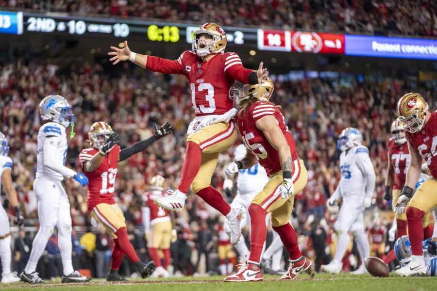 49ers lock In Brock Purdy with massive deal 3 December 30, 2024; Santa Clara, California, USA; San Francisco 49ers quarterback Brock Purdy (13) celebrates with tight end George Kittle (85) after scoring a touchdown against the Detroit Lions during the second quarter at Levi's Stadium. Mandatory Credit: Kyle Terada-Imagn Images