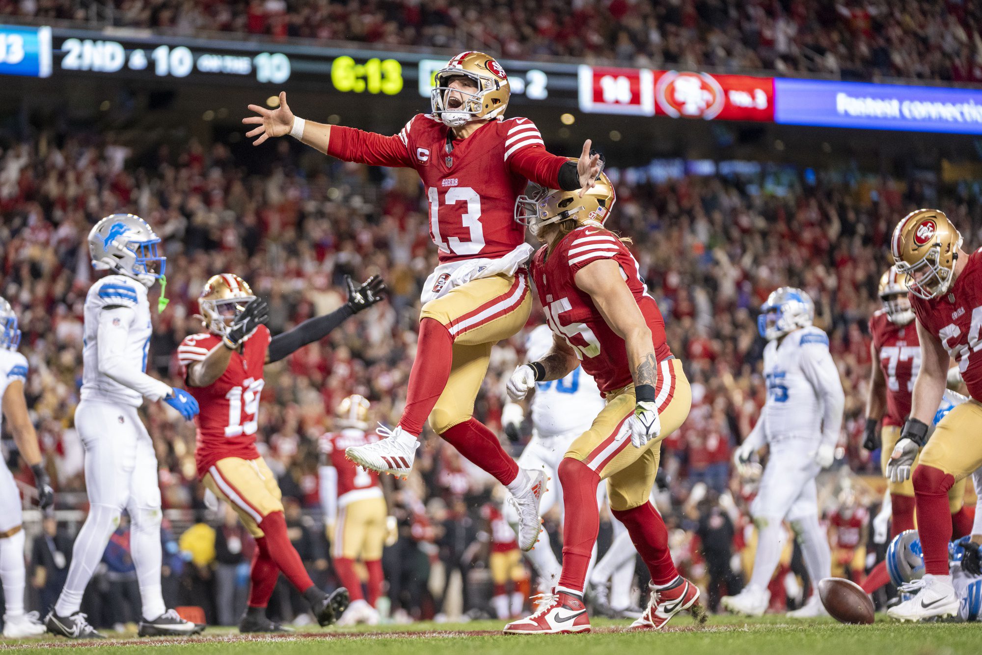 "Panama With The Boys": George Kittle Takes Snap With Kyle Juzszcyk, Ricky Pearsall In Off-Season Golf Session 2 December 30, 2024; Santa Clara, California, USA; San Francisco 49ers quarterback Brock Purdy (13) celebrates with tight end George Kittle (85) after scoring a touchdown against the Detroit Lions during the second quarter at Levi's Stadium. Mandatory Credit: Kyle Terada-Imagn Images
