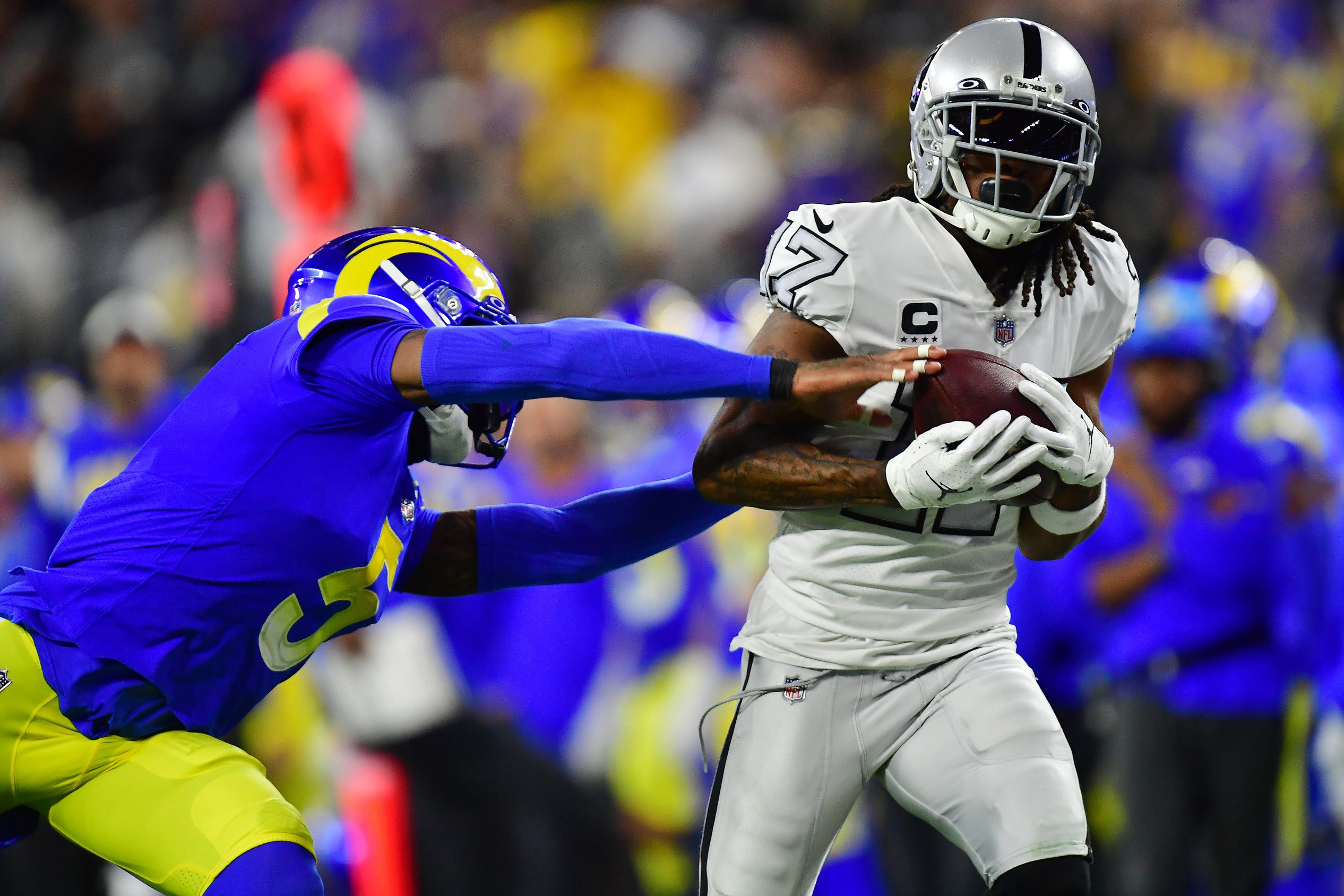 "He Says That?" Rams' Davante Adams Openly Racist To White Defenders (Breaking) 3 Dec 8, 2022; Inglewood, California, USA; Las Vegas Raiders wide receiver Davante Adams (17) catches a pass against Los Angeles Rams cornerback Jalen Ramsey (5) during the first half at SoFi Stadium. Mandatory Credit: Gary A. Vasquez-USA TODAY Sports