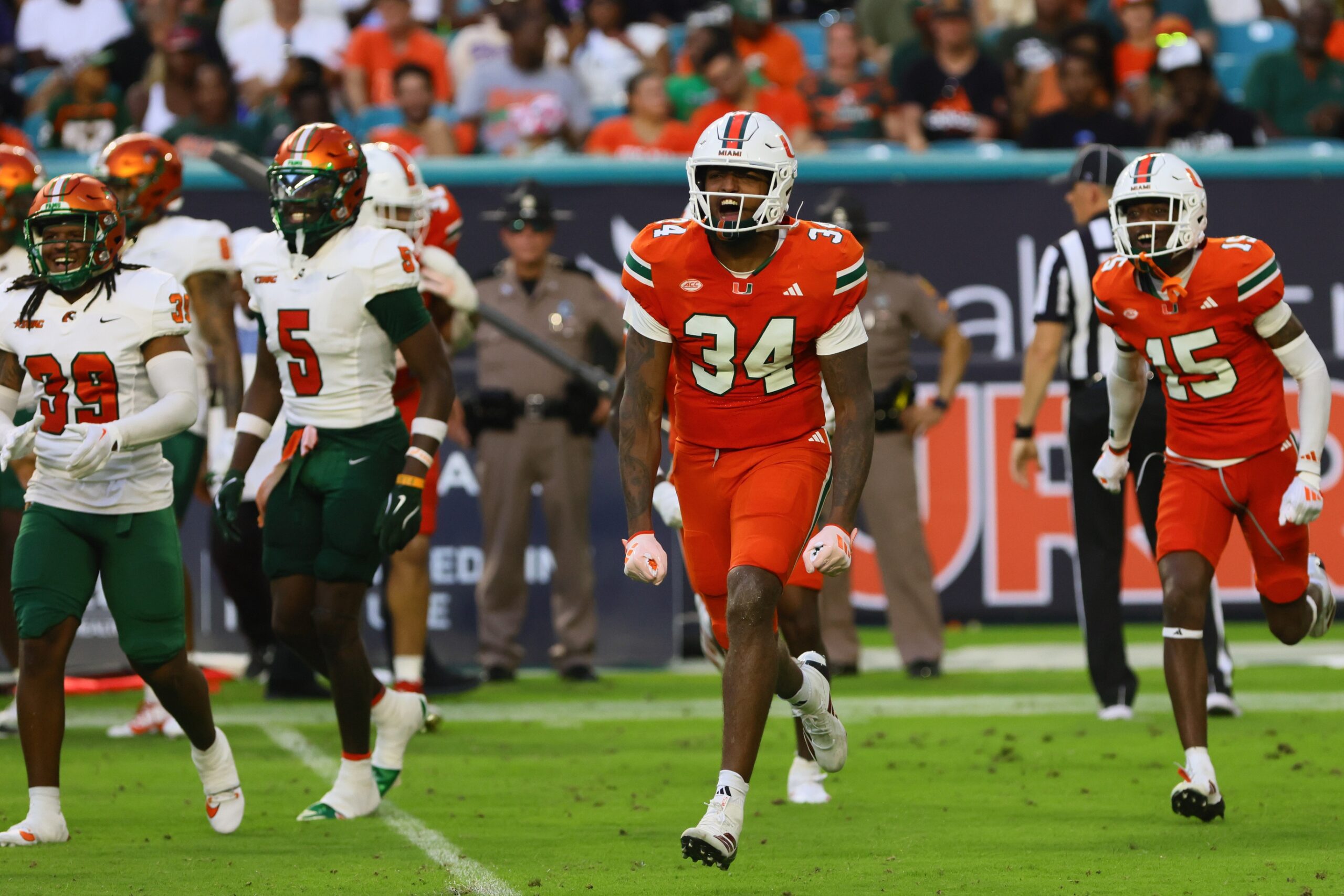BREAKING: College Football Player Involved In Deadly Car Crash That Killed Multiple Children 1 Sep 7, 2024; Miami Gardens, Florida, USA; Miami Hurricanes linebacker Adarius Hayes (34) reacts against the Florida A&M Rattlers during the second quarter at Hard Rock Stadium. Mandatory Credit: Sam Navarro-Imagn ImagesCollege Football
