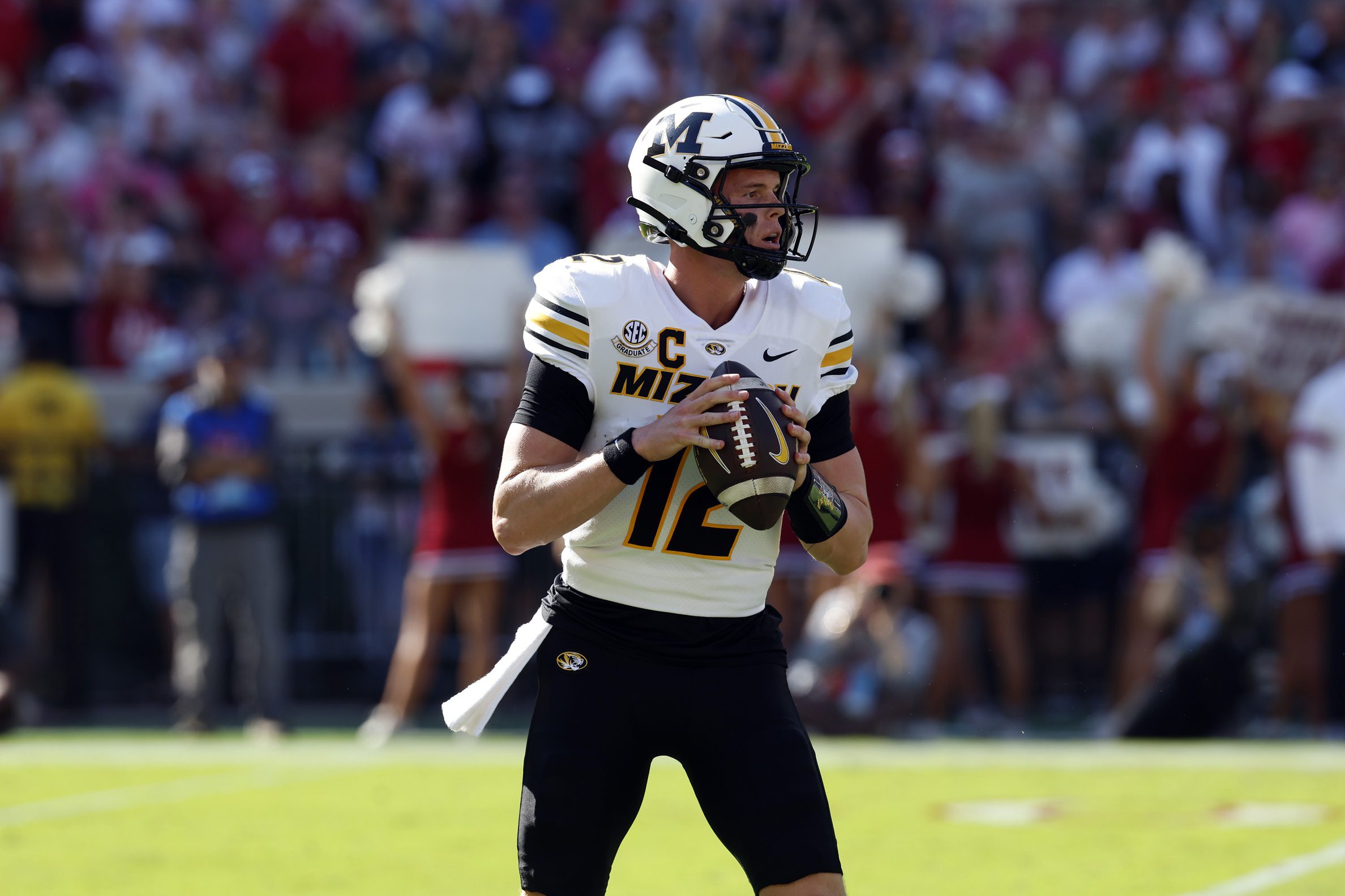 Breaking: Jets Add 50-Touchdown Quarterback Ahead Of 2025 Season 4 Oct 26, 2024; Tuscaloosa, Alabama, USA; Missouri Tigers quarterback Brady Cook (12) throws a pass during the first half against the Alabama Crimson Tide at Bryant-Denny Stadium. Mandatory Credit: Butch Dill-Imagn Images