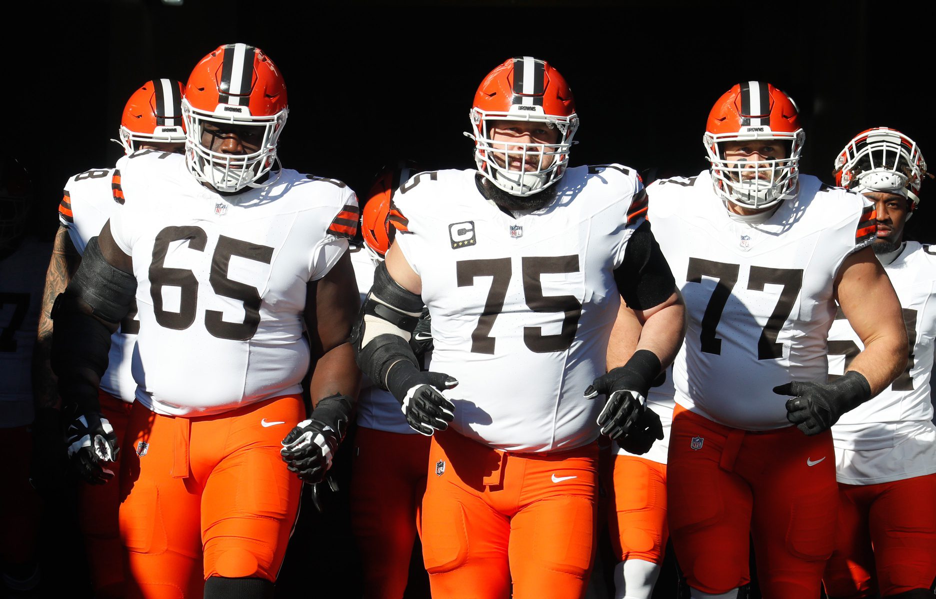 "I Tried To Give Him Advice" Shedeur Sanders Sees Browns All-Pro Make Telling Statement About Him 3 Dec 8, 2024; Pittsburgh, Pennsylvania, USA; Cleveland Browns guards Germain Ifedi (65) and Joel Bitonio (75) and Wyatt Teller (77) take the field to play the Pittsburgh Steelers at Acrisure Stadium. Mandatory Credit: Charles LeClaire-Imagn Images