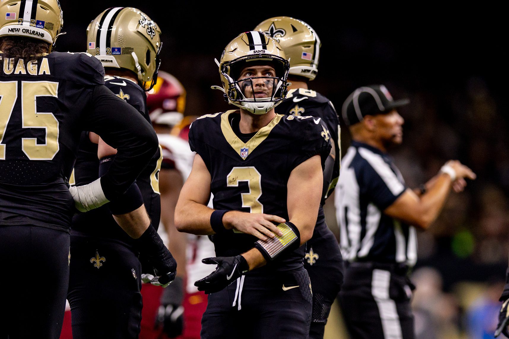 Breaking: Saints Learn Of Devastating Quarterback Injury 2 Dec 15, 2024; New Orleans, Louisiana, USA; New Orleans Saints quarterback Jake Haener (3) looks on against the Washington Commanders during the first half at Caesars Superdome. Mandatory Credit: Stephen Lew-Imagn Images