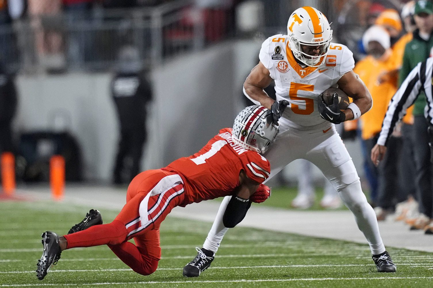 Breaking: NFL Prospect And Former 5 Star Wide Receiver Medically Retires 4 Tennessee wide receiver Bru McCoy (5) is grabbed by Ohio State cornerback Davison Igbinosun (1) during an NCAA college football playoff game on Saturday, Dec. 21, 2024, in Columbus, Ohio. © Saul Young/News Sentinel / USA TODAY NETWORK via Imagn Images NFL