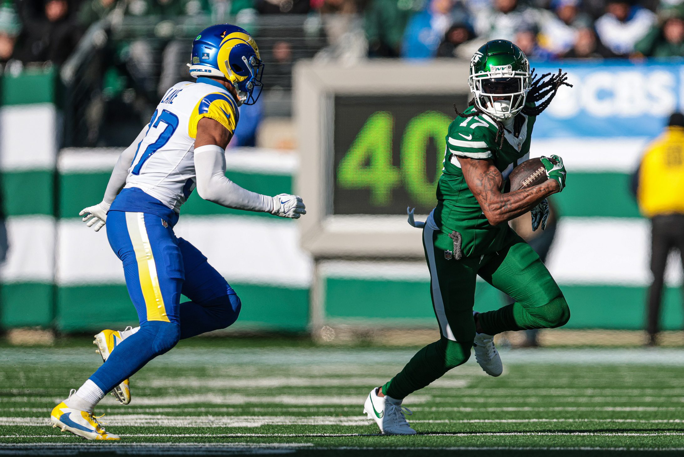 "He Says That?" Rams' Davante Adams Openly Racist To White Defenders (Breaking) 4 Dec 22, 2024; East Rutherford, New Jersey, USA; New York Jets wide receiver Davante Adams (17) fights for yards as Los Angeles Rams safety Quentin Lake (37) pursues during the first half at MetLife Stadium. Mandatory Credit: Vincent Carchietta-Imagn Images