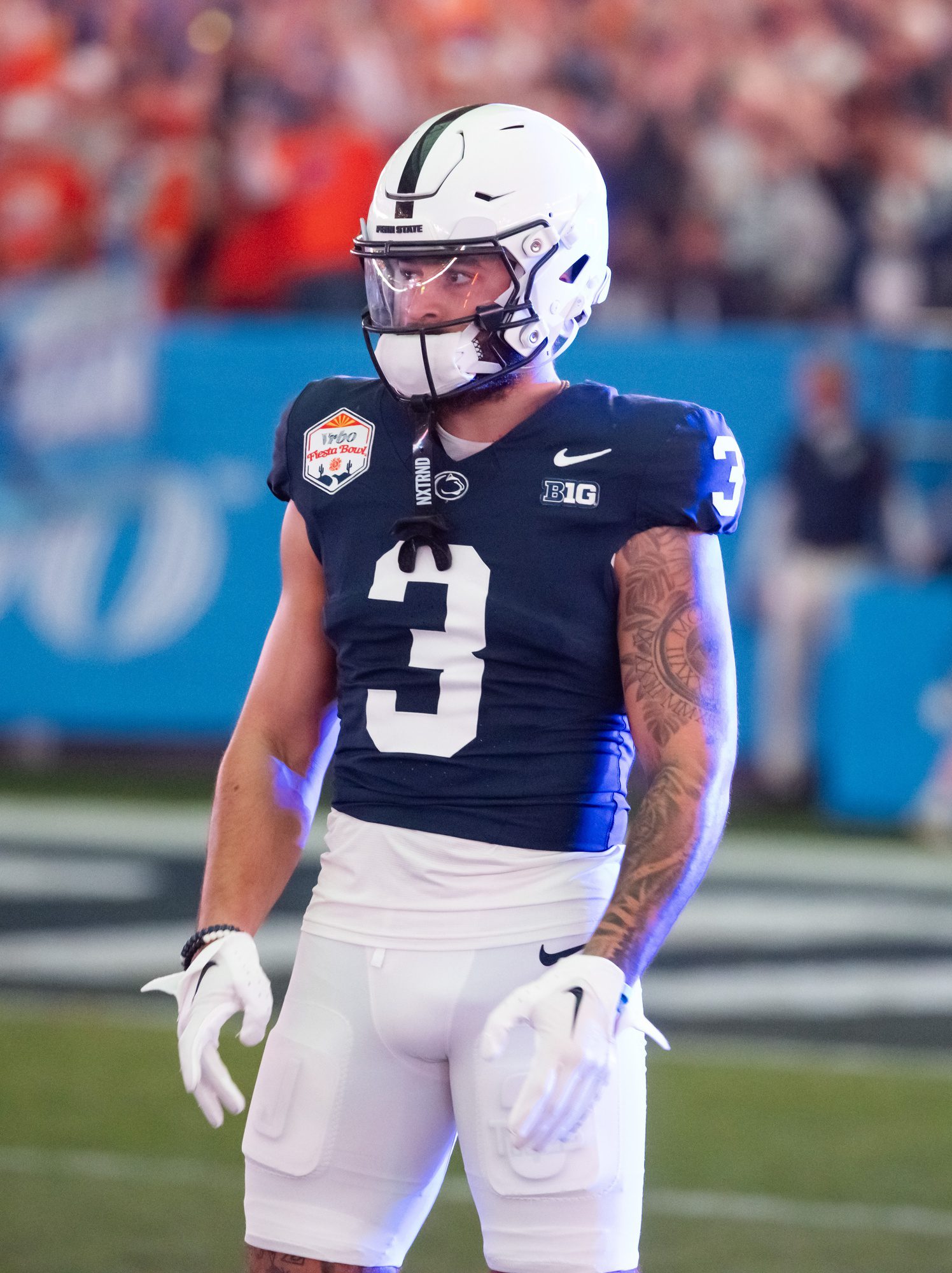 Dec 31, 2024; Glendale, AZ, USA; Penn State Nittany Lions wide receiver Julian Fleming (3) against the Boise State Broncos during the Fiesta Bowl at State Farm Stadium. Mandatory Credit: Mark J. Rebilas-Imagn Images