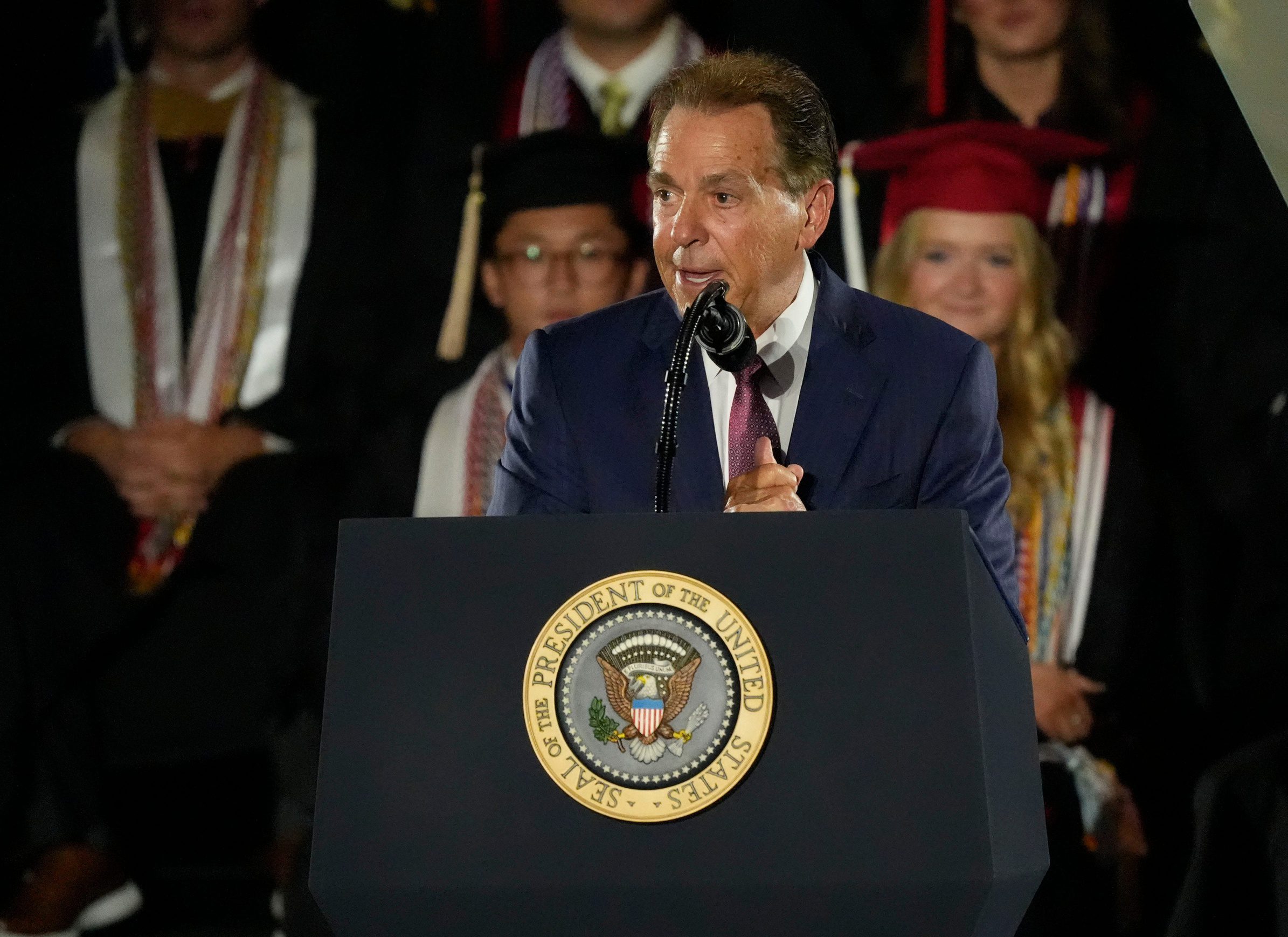 "I Don't Know" Donald Trump Sees Nick Saban Completely Flip On Him 1 May 1, 2025; Tuscaloosa, AL, USA; Legendary Alabama football coach Nick Saban introduces President Donald Trump. Trump delivered a special commencement address to University of Alabama graduates at Coleman Coliseum. Graduation occurs over the weekend. Mandatory Credit: Gary Cosby Jr.-Tuscaloosa News