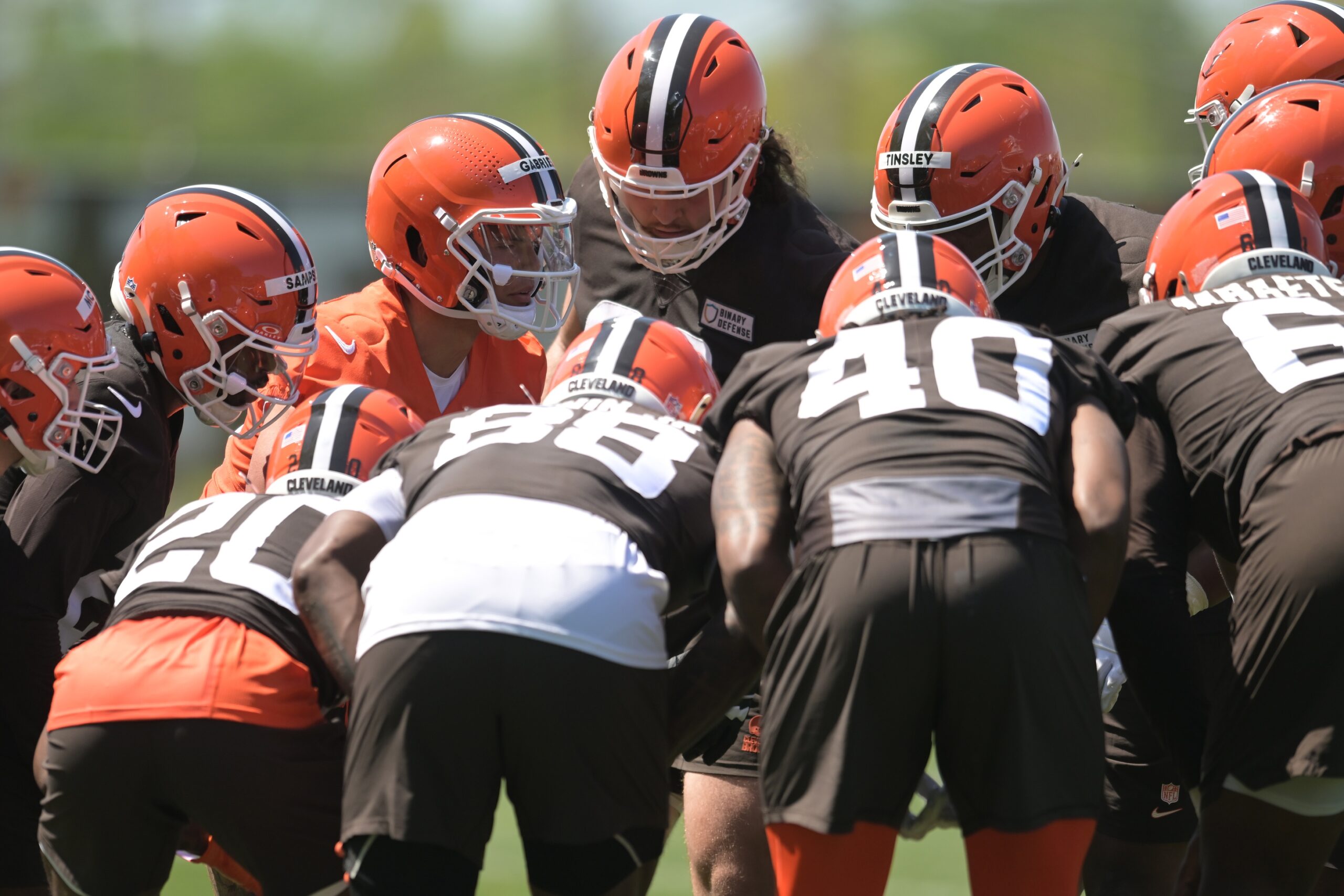 Browns' Dillon Gabriel Gets Real On Team Drafting Shedeur Sanders 3 May 10, 2025; Berea, OH, USA; Cleveland Browns quarterback Dillon Gabriel (5) calls a play during rookie minicamp at CrossCountry Mortgage Campus. Mandatory Credit: Ken Blaze-Imagn Images