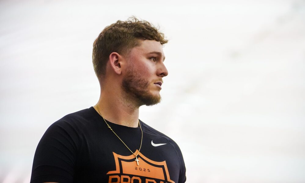 Former Longhorns Quinn Ewers participates in Texas' Pro Day at the Texas Football Training Facility on Tuesday, March 25, 2025.