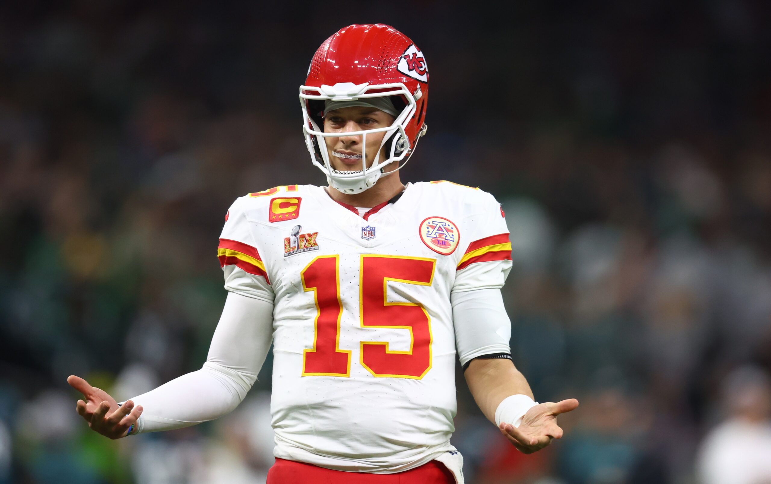 "I Try To Make A Call, then He Changed It": Patrick Mahomes Changing Calls Gets Honest Take From Chiefs OL Creed Humphrey 3 Feb 9, 2025; New Orleans, LA, USA; Kansas City Chiefs quarterback Patrick Mahomes (15) reacts in the fourth quarter against the Philadelphia Eagles in Super Bowl LIX at Ceasars Superdome. Mandatory Credit: Mark J. Rebilas-Imagn Images