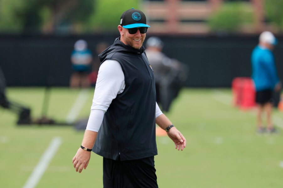 Jacksonville Jaguars head coach Liam Coen looks on during a rookie minicamp at Miller Electric Center Saturday, May 10, 2025 in Jacksonville, Fla. [Corey Perrine/Florida Times-Union]