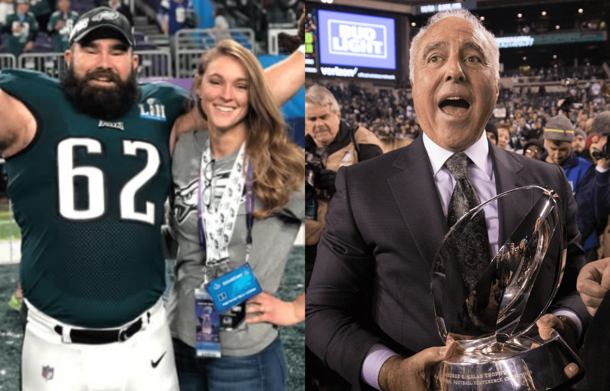 "This Is Incredible": Kylie Kelce Praises Eagles Owner Jeff Lurie's Kind Donation On Autism Advocacy 1 Kylie Kelce and husband (left) and Eagles Owner Jeff Lurie (right). Photo credits: Imagn and Instagram