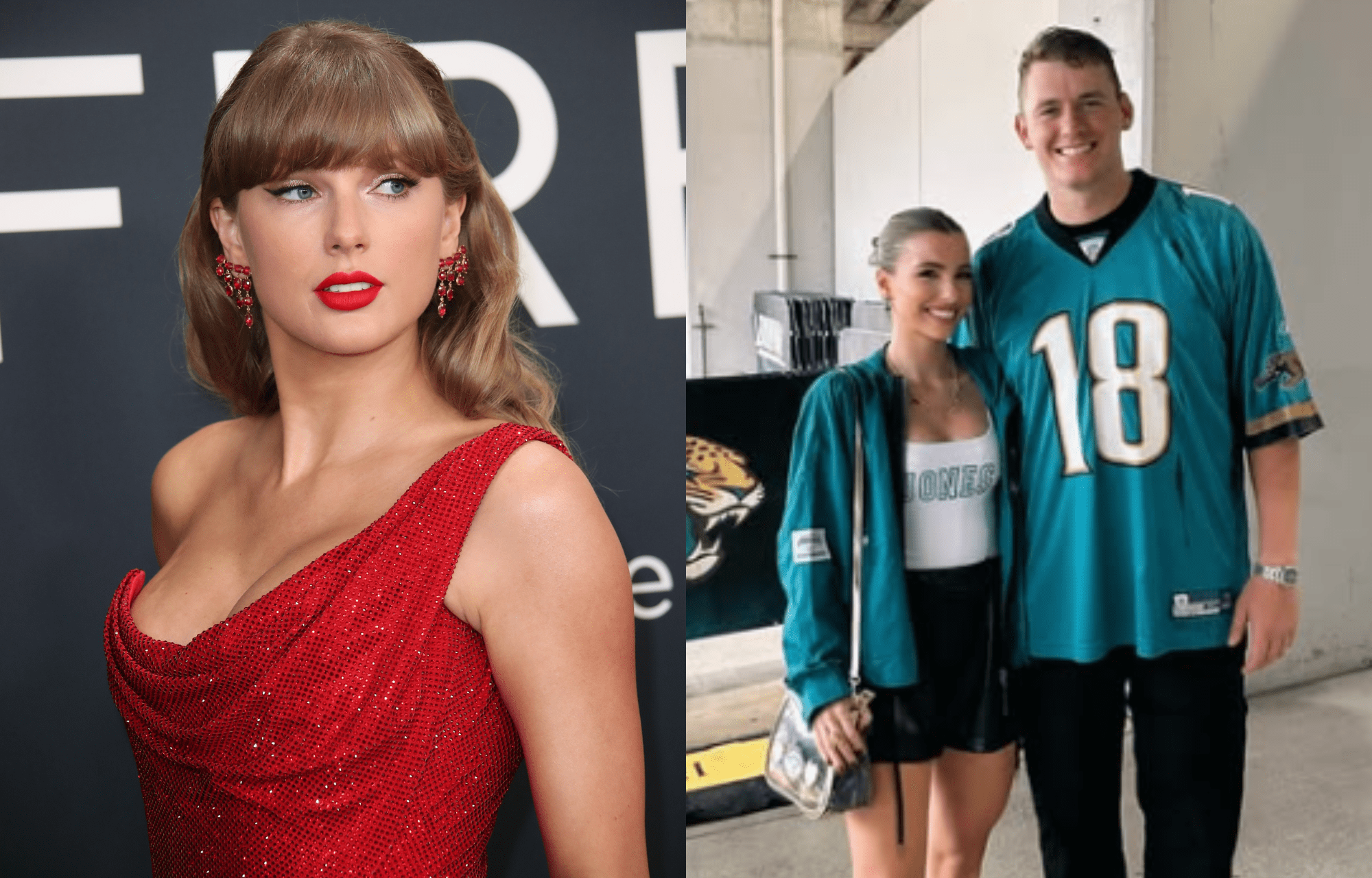 "BEST SURPRISE EVER": Taylor Swift's TEU Surprise Performance Gets Mac Jones GF Sophie Scott Sounding Off 1 Popstar Taylor Swift (left) and NFL's Mac Jones with GF (right). Photo credits: Imagn and Instagram