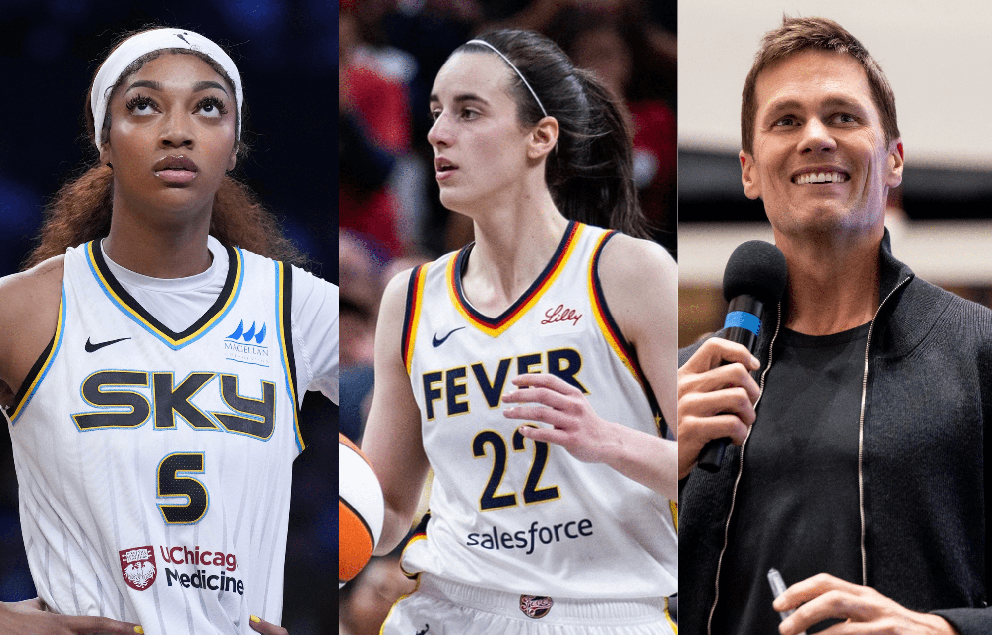 "I Love That": Tom Brady Admits Enjoying Caitlin Clark, Angel Reese Beef 1 WNBA Angel Reese, Caitlin Clark, and NFL legend Tom Brady. Photo credits: Imagn