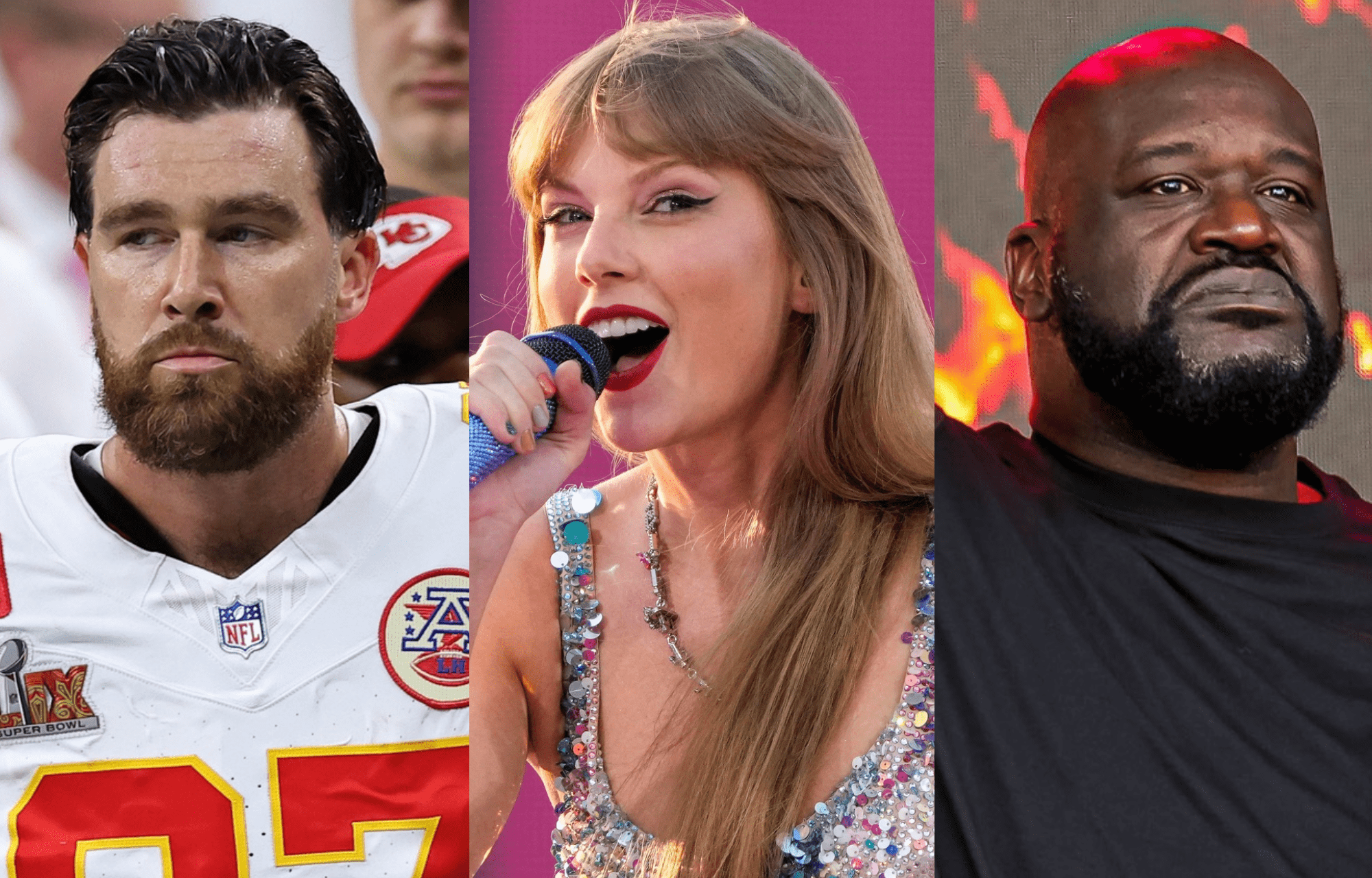 "You Opening Up To Your Girlfriend?": Travis Kelce's Performance During Taylor Swift's 'Eras Tour' Wows Shaquille O'Neal, Gets Offered Showmanship Advice 1 Travis Kelce, Taylor Swift, and Shaquille O’Neal. Photo credits: Imagn