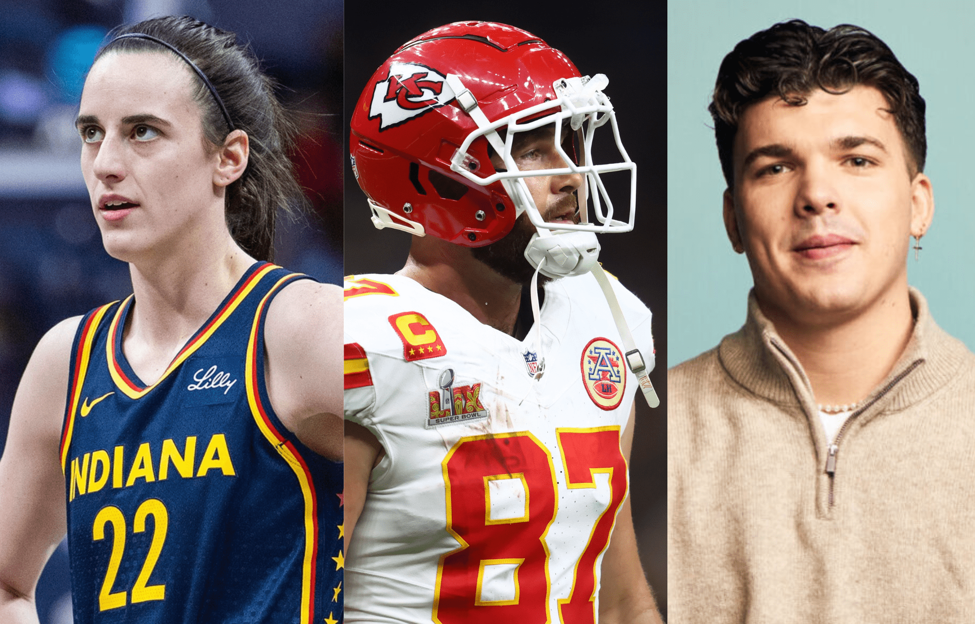"Thank You For Blessing Me": Caitlin Clark Gets Gratified Reaction From Travis Kelce's Close Friend After Being Gifted With Nike Kobe 5 'Indiana Fever' PE 1 WNBA star Caitlin Clark (left), NFL's Travis Kelce (center), and influencer Harry Clark (right). Photo credits: Imagn and Instagram