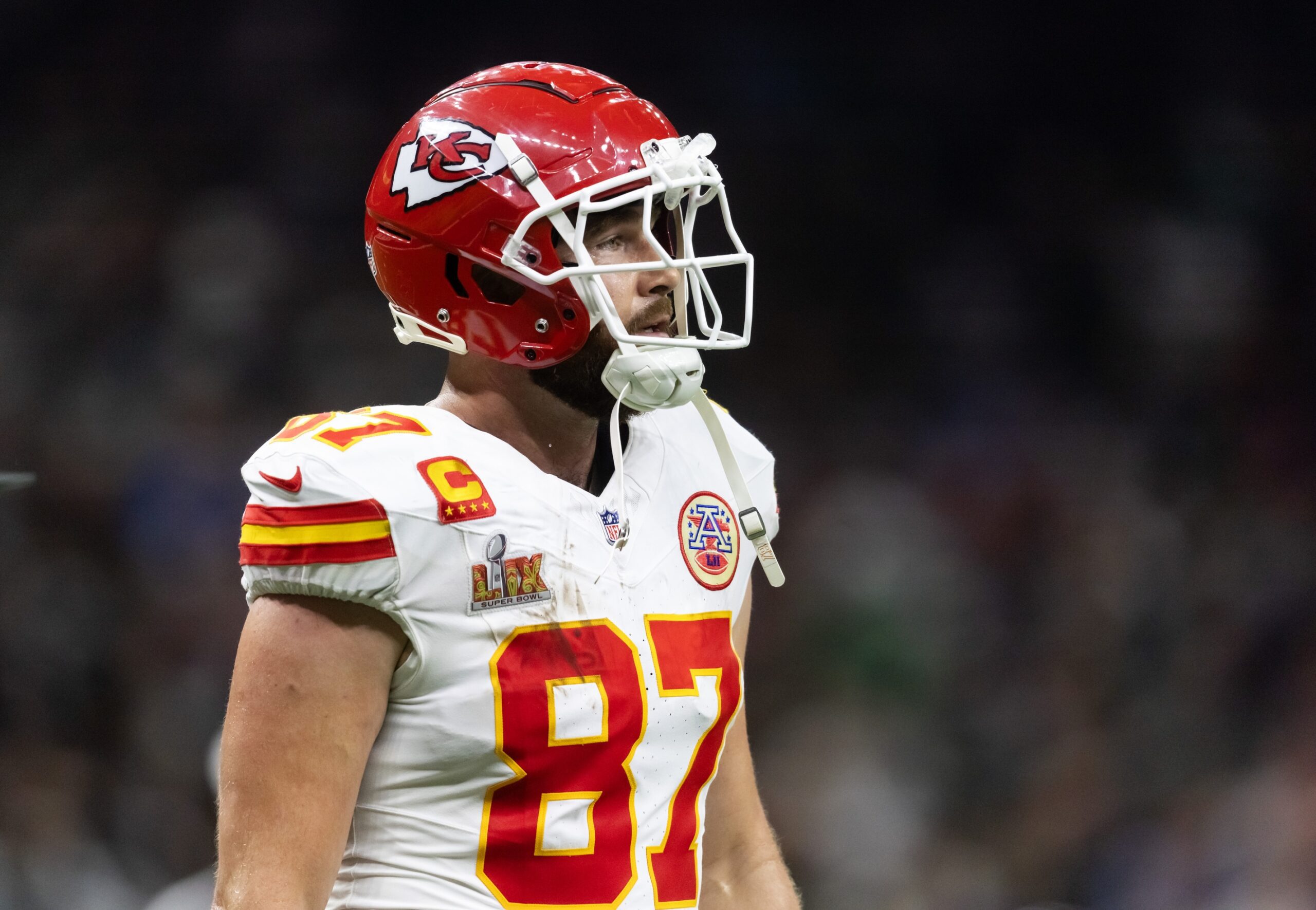 Feb 9, 2025; New Orleans, LA, USA; Kansas City Chiefs tight end Travis Kelce (87) against the Philadelphia Eagles in Super Bowl LIX at Ceasars Superdome. Mandatory Credit: Mark J. Rebilas-Imagn Images