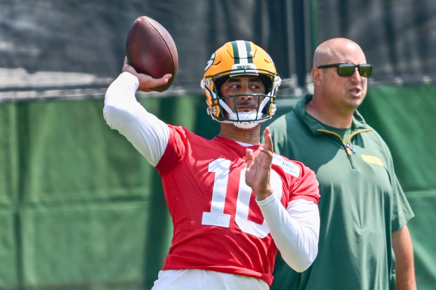 Jun 11, 2025; Green Bay, WI, USA;  Green Bay Packers quarterback Jordan Love (10) participates in the team's minicamp at Ray Nitschke Field. Mandatory Credit: Benny Sieu-Imagn Images