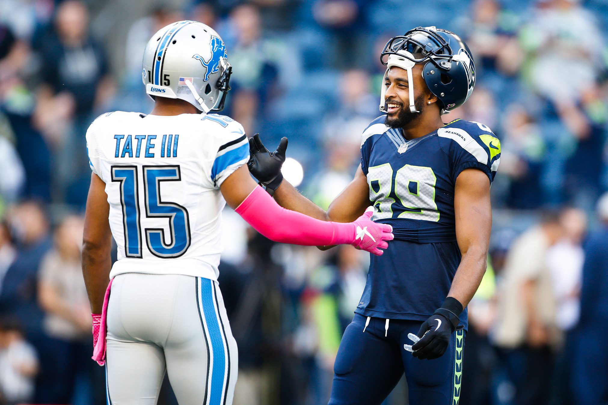 Breaking: Seahawks Super Bowl Champion Admits To Gambling Addiction And Cheating The System (Watch) 2 Oct 5, 2015; Seattle, WA, USA; Seattle Seahawks wide receiver Doug Baldwin (89) and Detroit Lions wide receiver Golden Tate (15) greet each other during pre game warm ups at CenturyLink Field. Seattle defeated Detroit, 13-10. Mandatory Credit: Joe Nicholson-Imagn Images