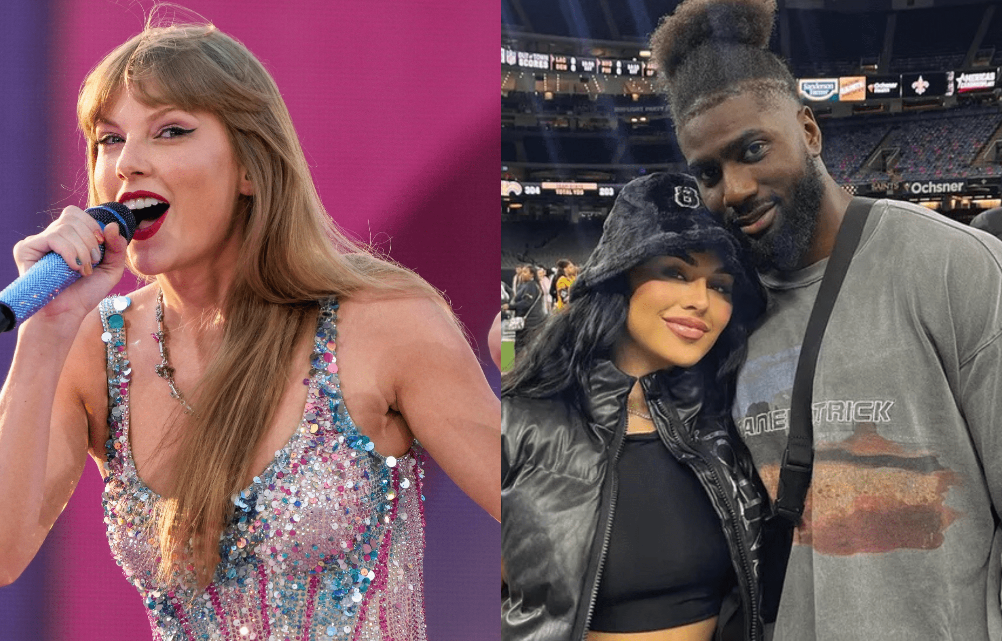 Taylor Swift (left) and Juwan Johnson with wife, Chanen (right). Photo credits: Imagn and Instagram
