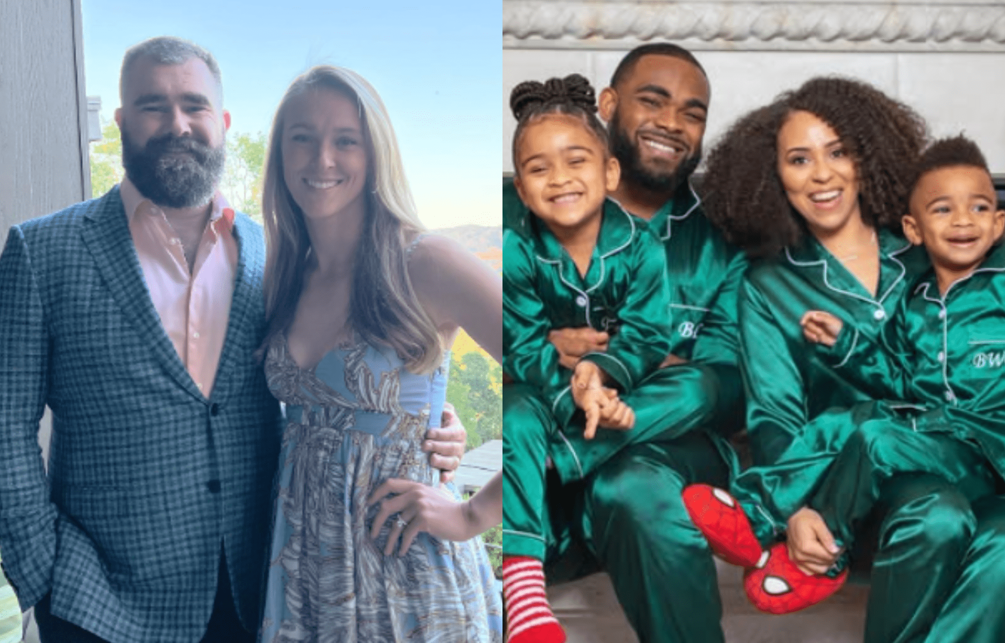 "Boss Woman In Soooo Many Levels": Kylie Kelce Praises Brandon Graham's Wife Carlyne On Marriage To Psychotherapist 1 Jason Kelce with wife Kylie (left), and Brandon Graham's family (right). Photo credits: Instagram